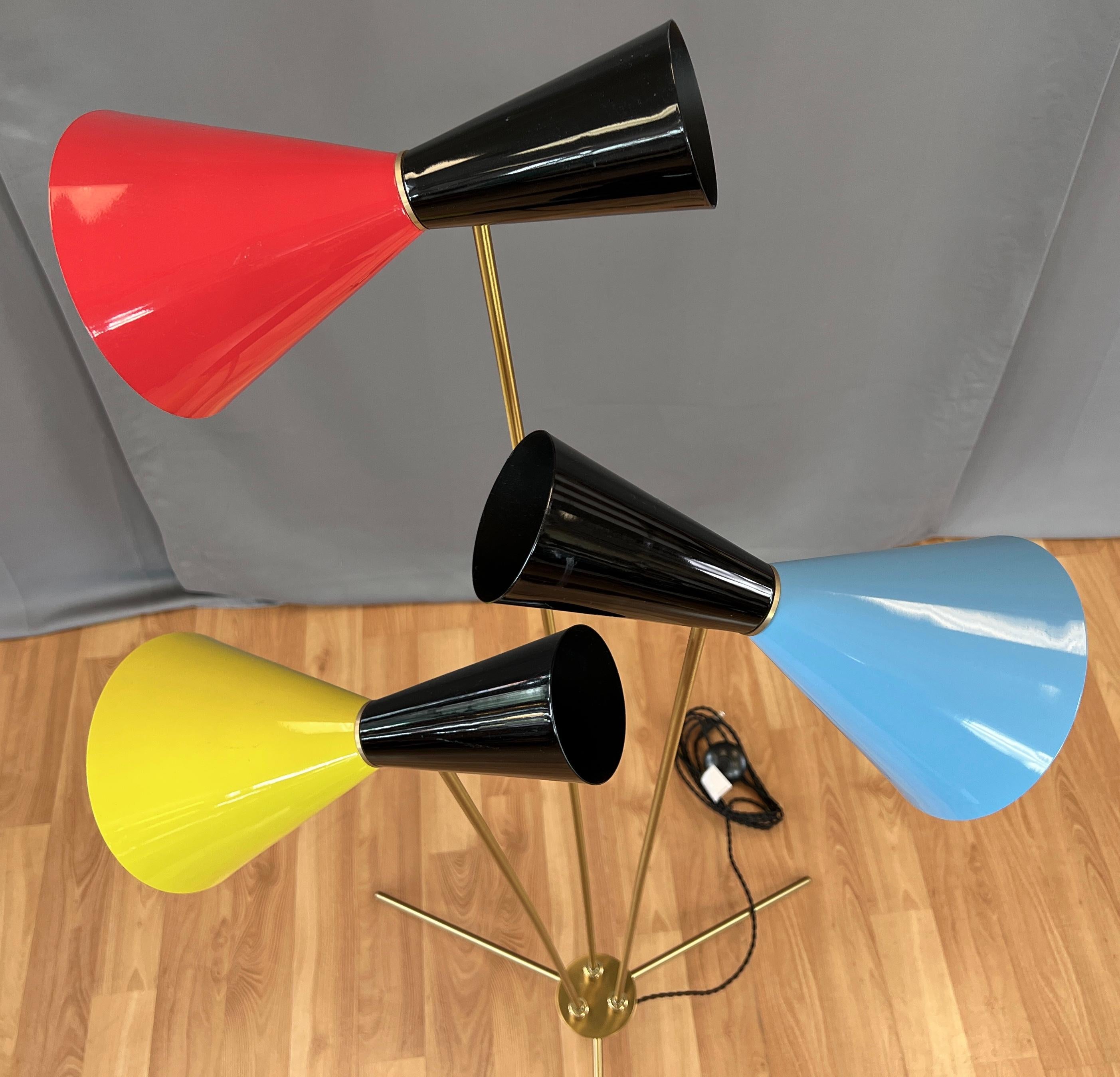 Stilnovo Three-Arm Tripod Floor Lamp Shades in Sky Blue Red & Yellow 9