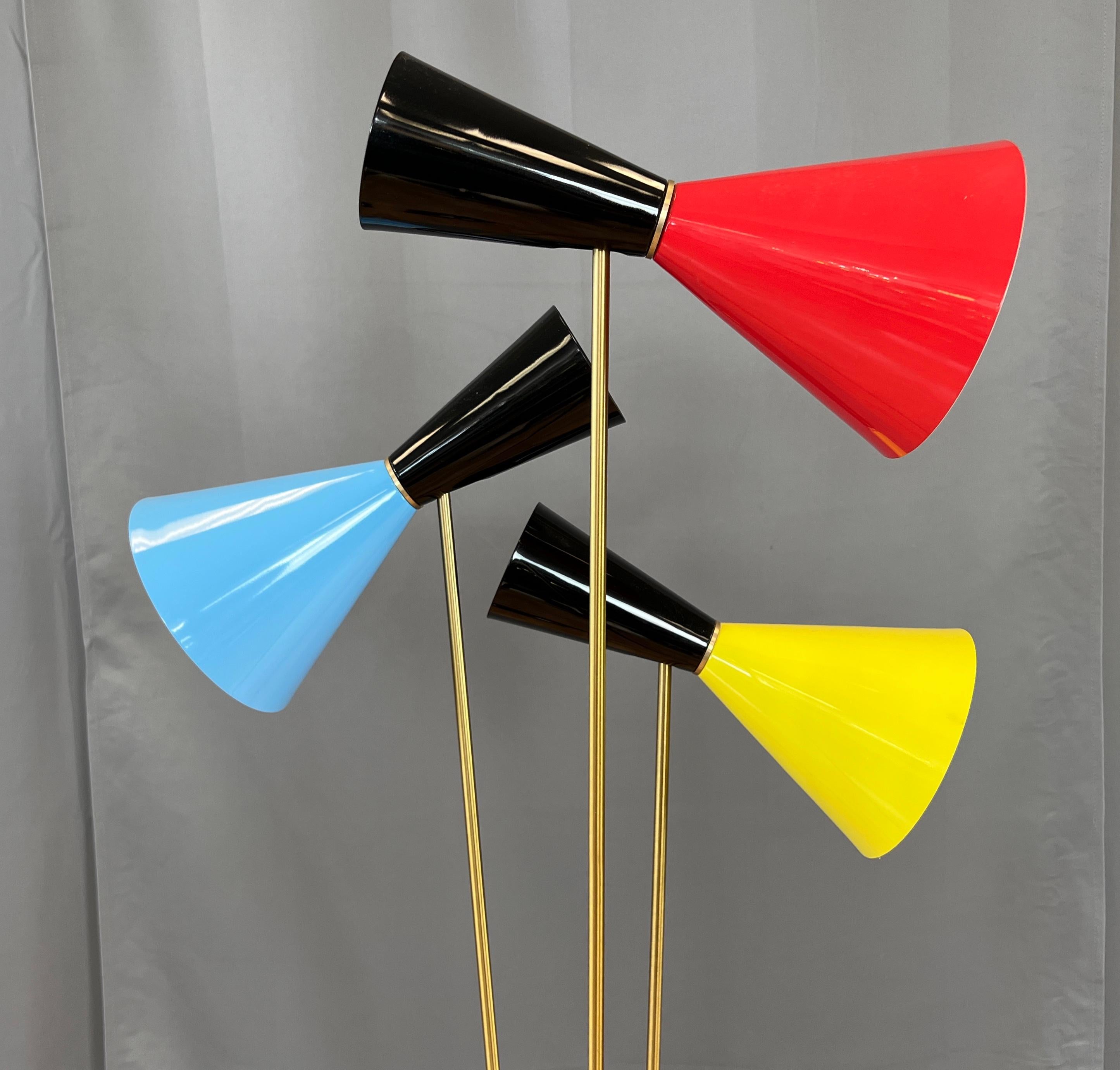 20th Century Stilnovo Three-Arm Tripod Floor Lamp Shades in Sky Blue Red & Yellow