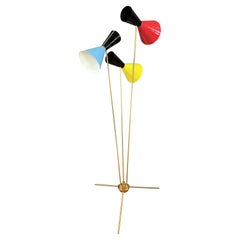 Stilnovo Three-Arm Tripod Floor Lamp Shades in Sky Blue Red & Yellow