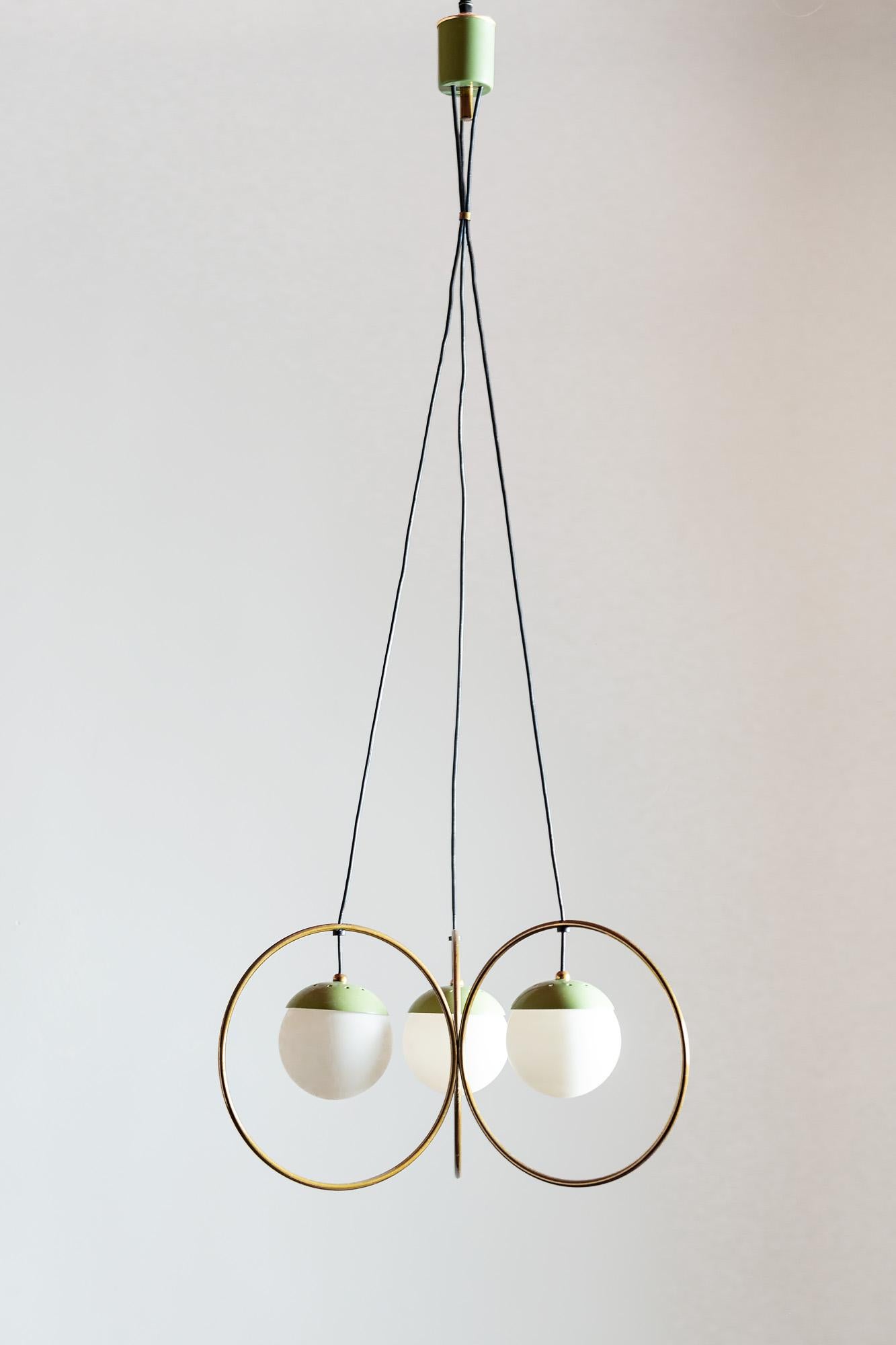 Mid-Century Modern Three Ball Chandelier with Green Accents, Italy, 1950s