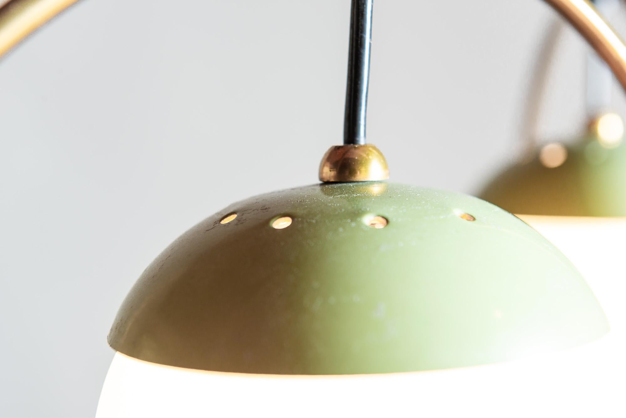 Brass Three Ball Chandelier with Green Accents, Italy, 1950s