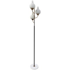 Stilnovo Three Branch Brass and Marble Floor Lamp with Glass Shades