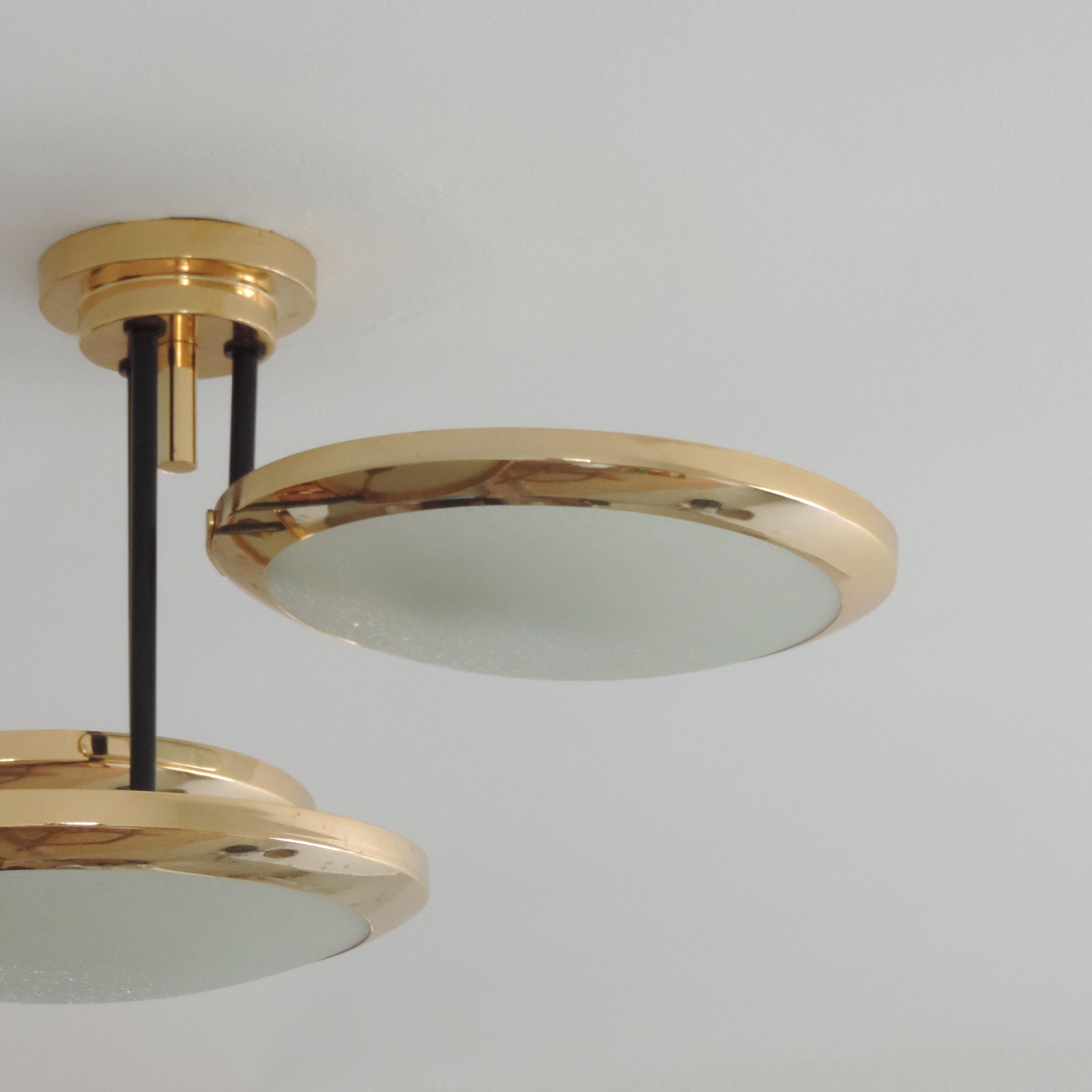 Italian Stilnovo Three Discs Ceiling Lamp in Brass and Glass, Italy 1950s For Sale