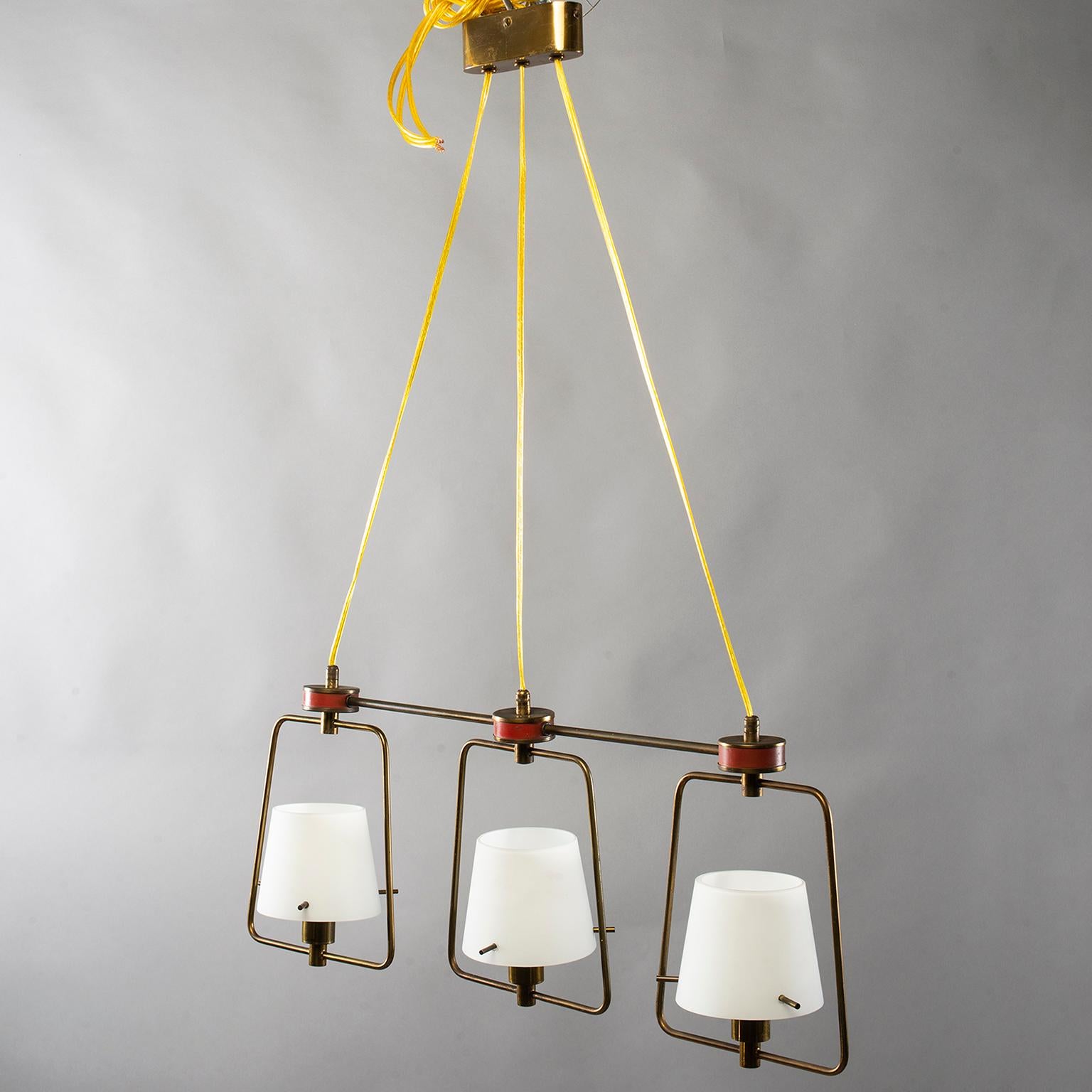 Mid-Century Modern Stilnovo Three-Light Fixture with Glass Shades and Brass Fittings For Sale