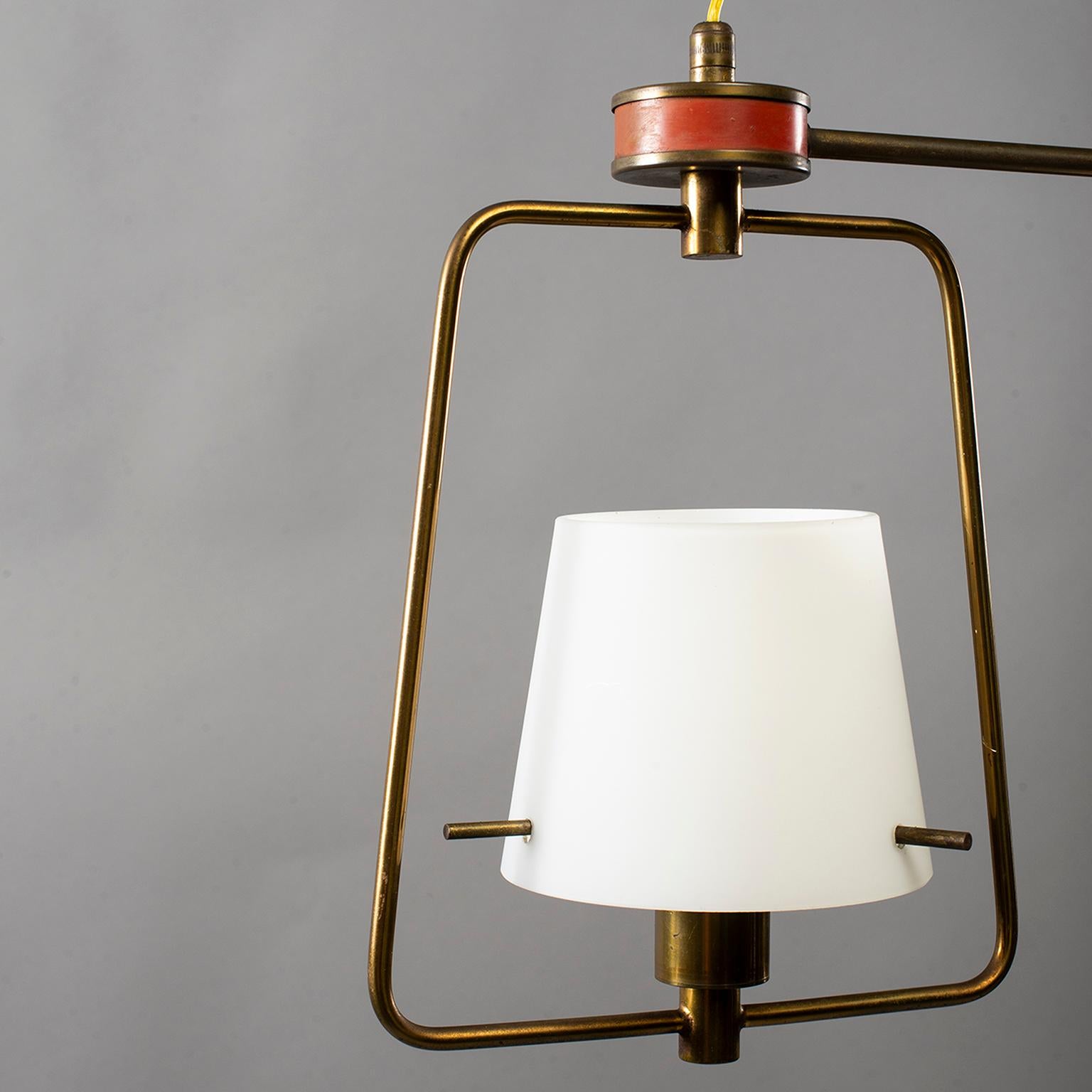 Italian Stilnovo Three-Light Fixture with Glass Shades and Brass Fittings For Sale