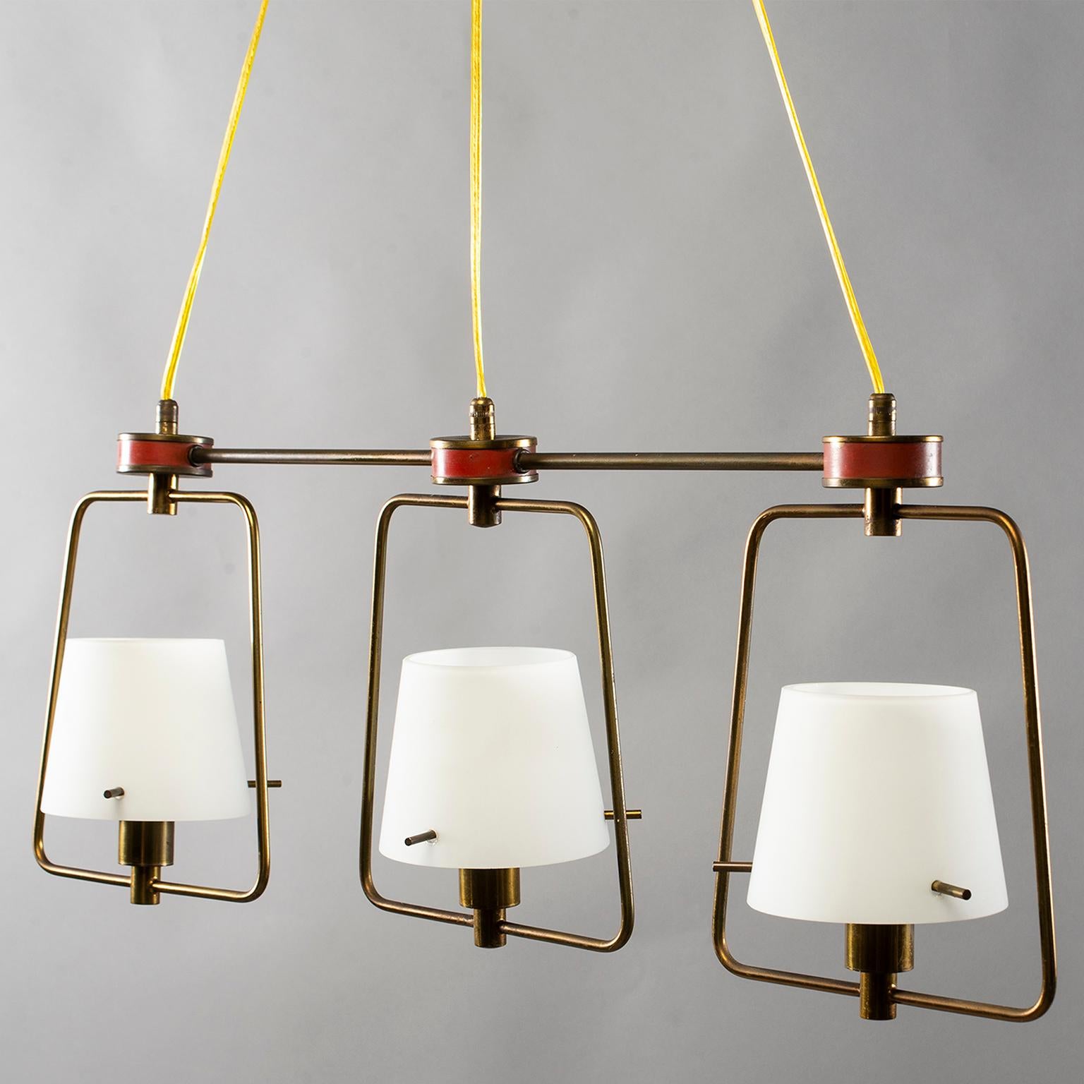 Stilnovo Three-Light Fixture with Glass Shades and Brass Fittings In Good Condition For Sale In Troy, MI