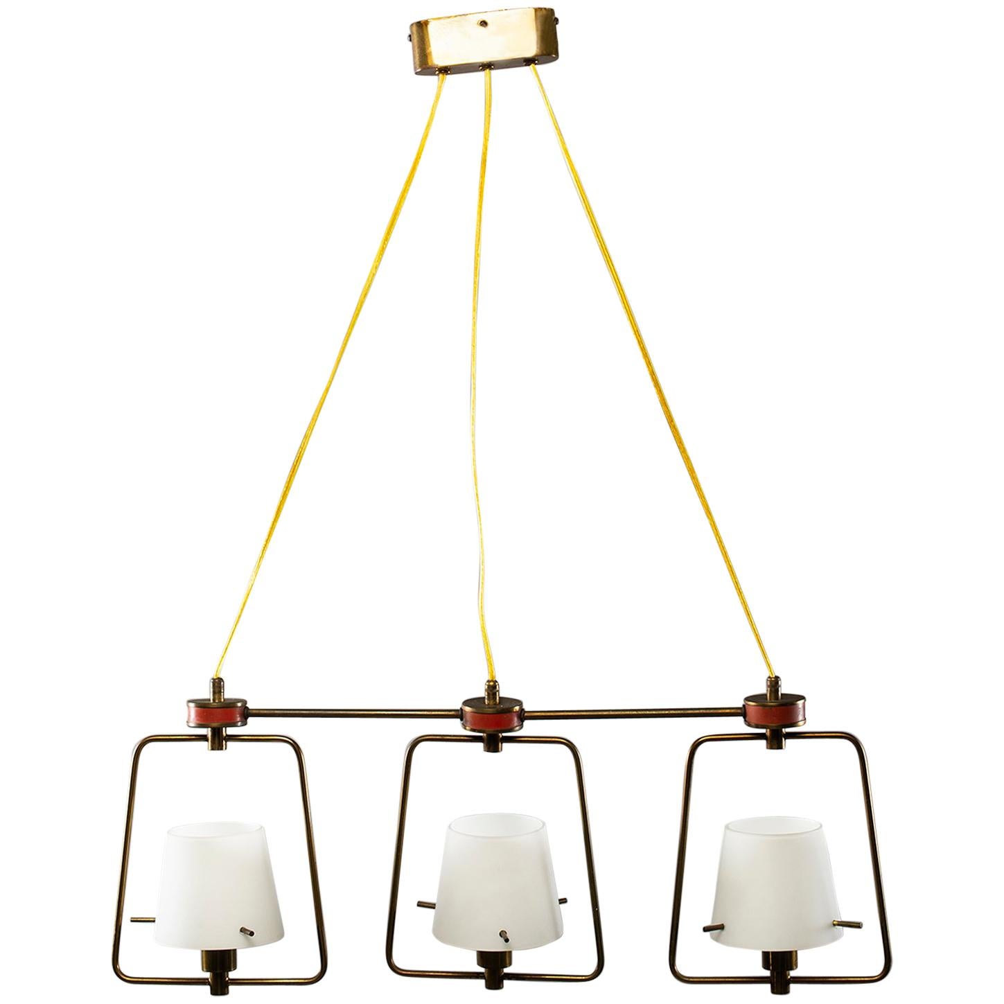 Stilnovo Three-Light Fixture with Glass Shades and Brass Fittings For Sale