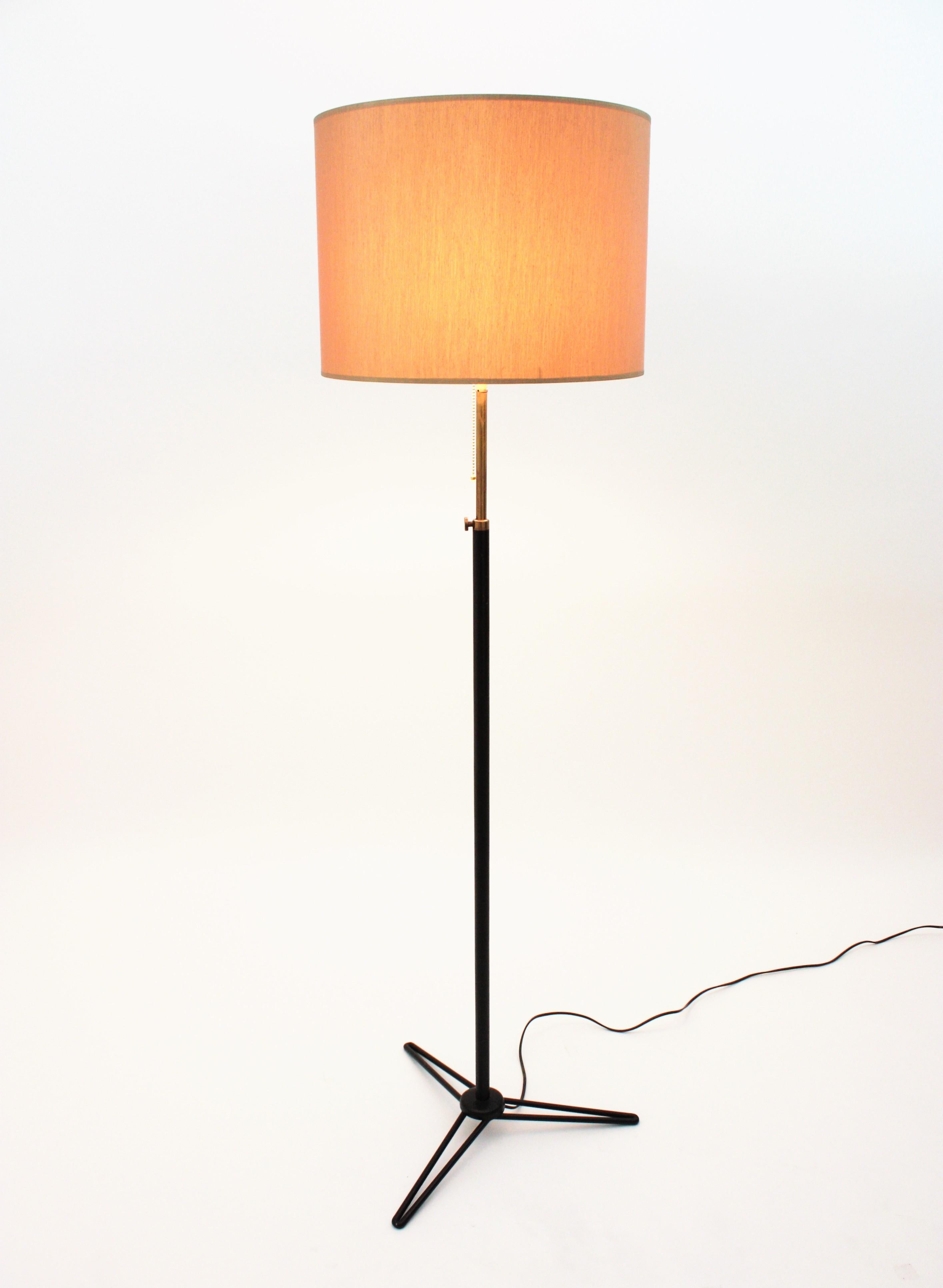 Mid-Century Modern Stilnovo Tripod Floor Lamp in Black Lacquered Metal and Brass For Sale
