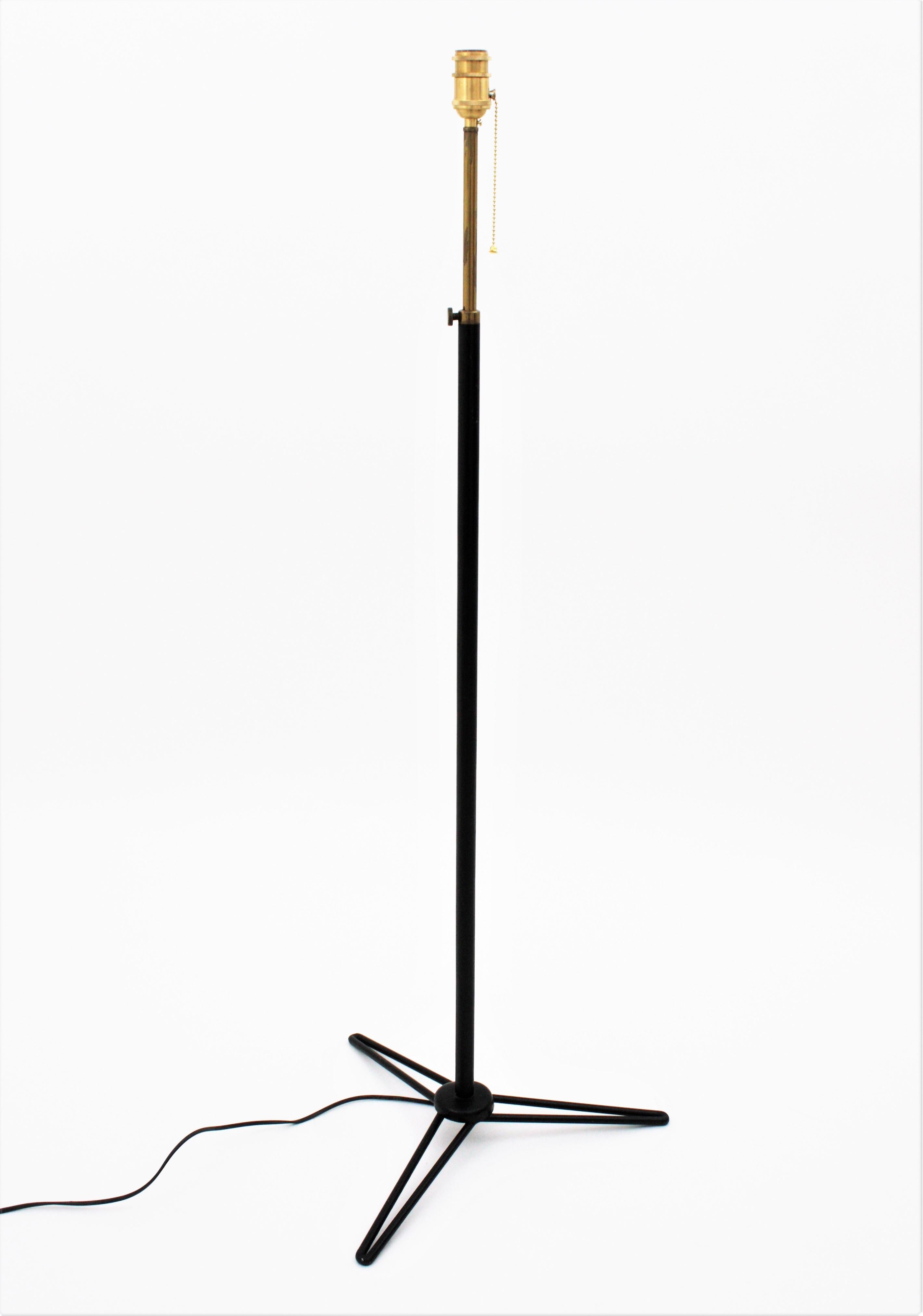 Italian Stilnovo Tripod Floor Lamp in Black Lacquered Metal and Brass For Sale
