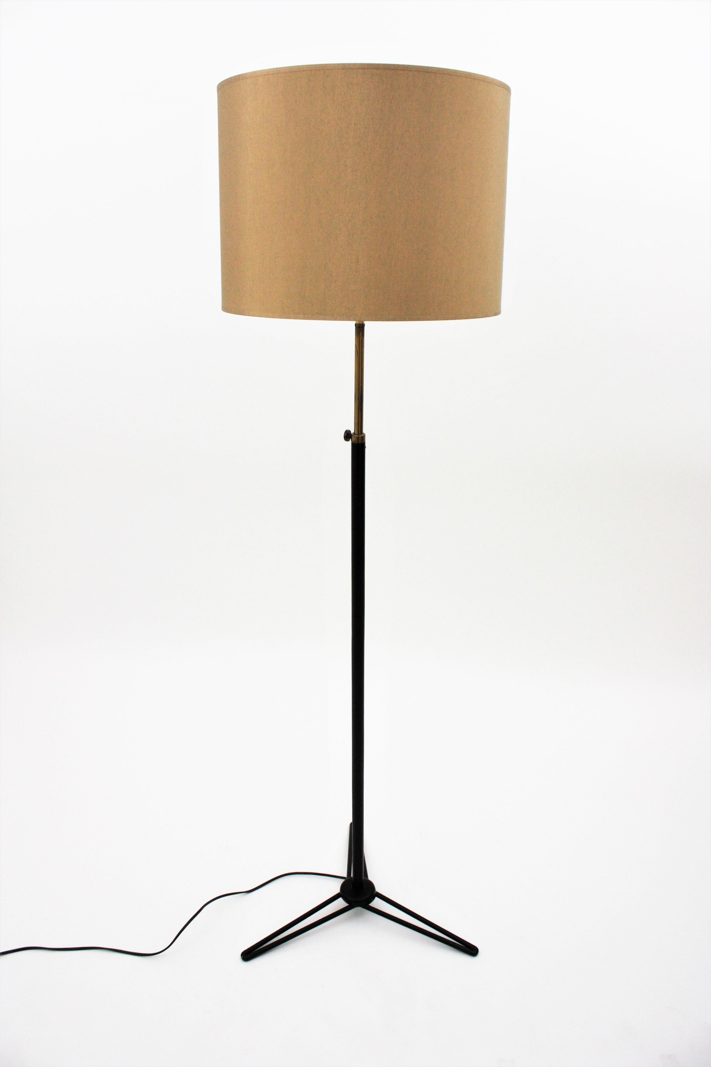 20th Century Stilnovo Tripod Floor Lamp in Black Lacquered Metal and Brass For Sale