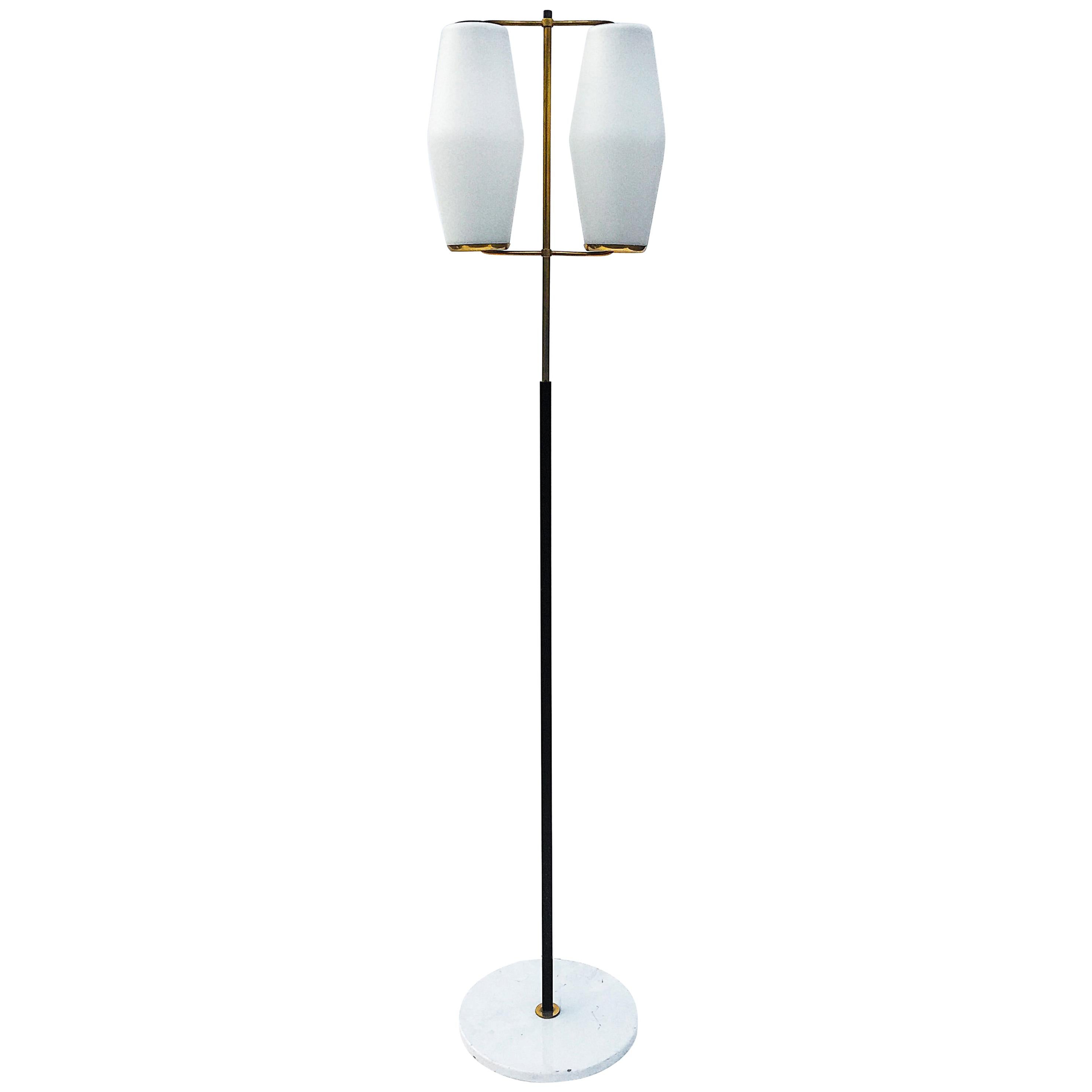 Mid-Century Italian Stilnovo Two Branch Brass and Marble Floor Lamp with Glass  For Sale