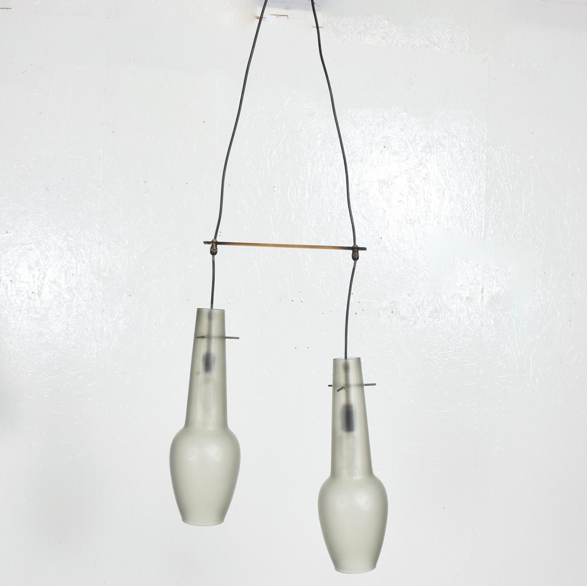 Mid-Century Modern Stilnovo Two Light Brass Pendant Lamp Frosted Glass Minimalist Modern 1960 Italy For Sale