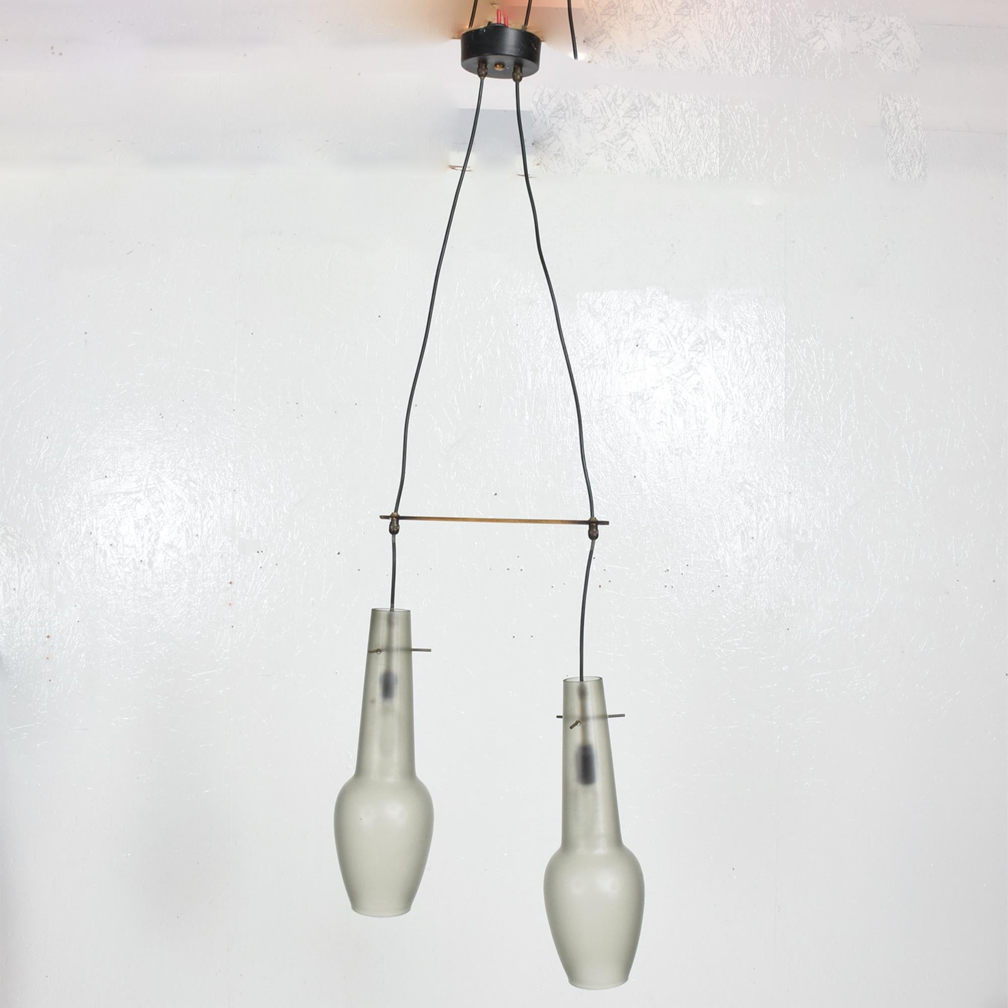 Italian Stilnovo Two Light Brass Pendant Lamp Frosted Glass Minimalist Modern 1960 Italy For Sale