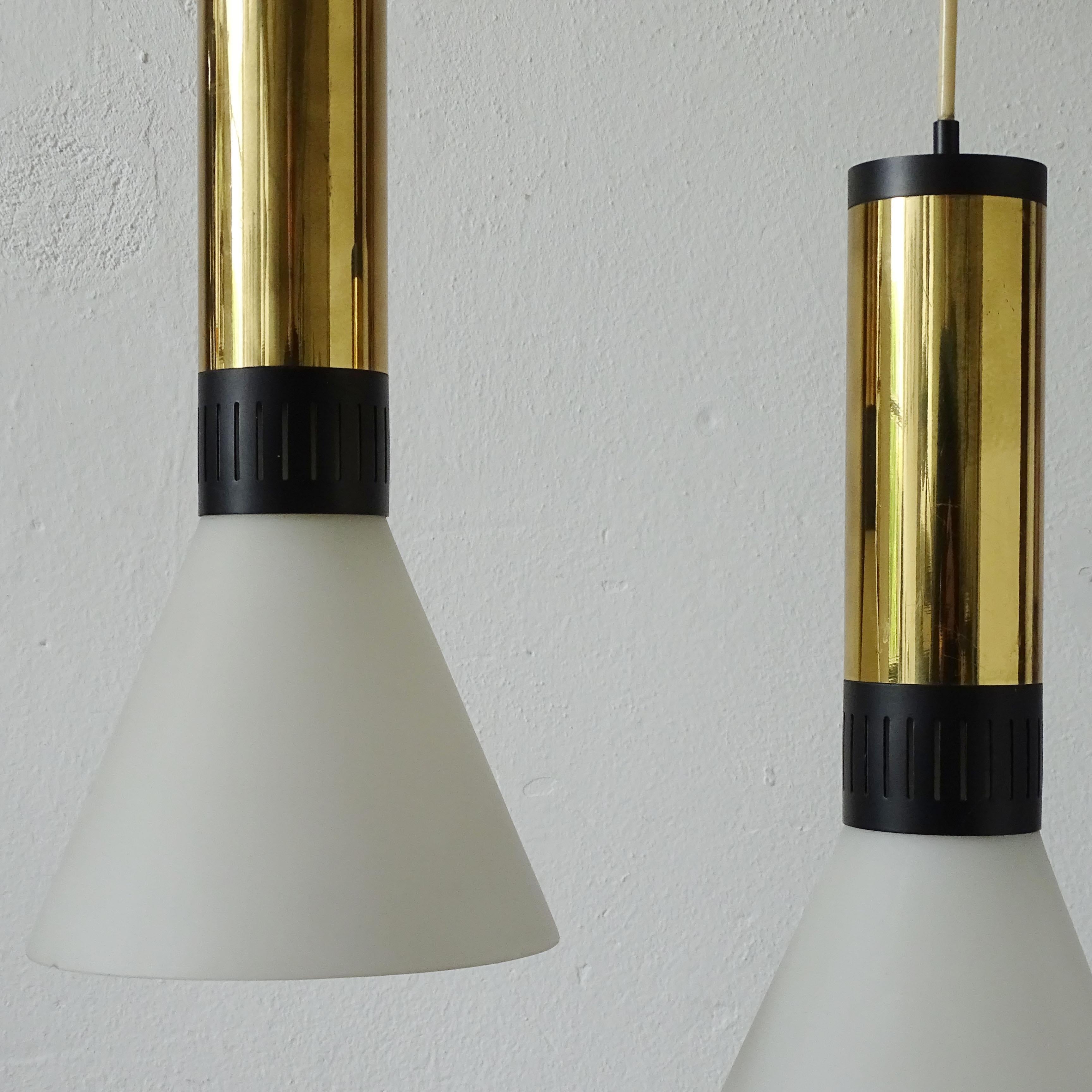 Splendid Stilnovo Two Pendants Brass and Opaline Glass Ceiling Lamp, 
Italy 1950s