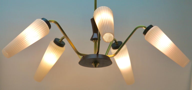 Mid-Century Modern Stilnovo Vintage Chandelier Five Arms Whit Wooden Details Italy, 1960s For Sale