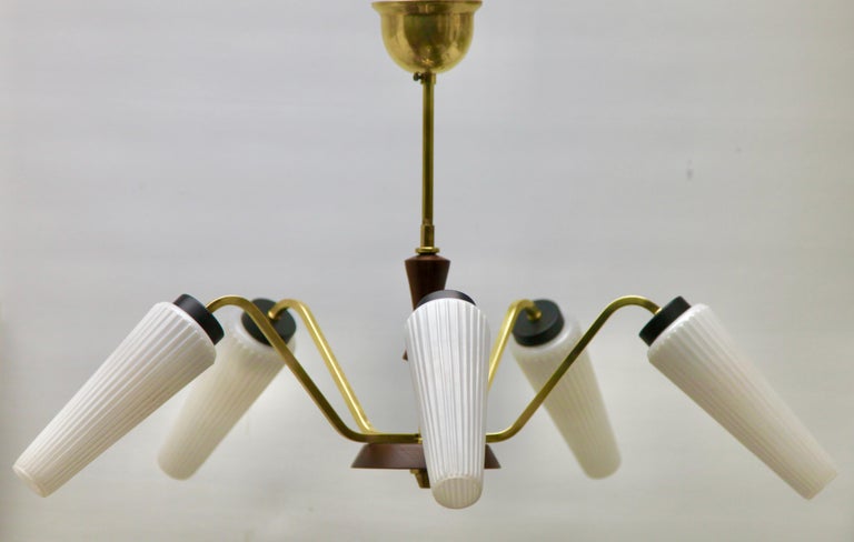 Stilnovo Vintage Chandelier Five Arms Whit Wooden Details Italy, 1960s For Sale 1