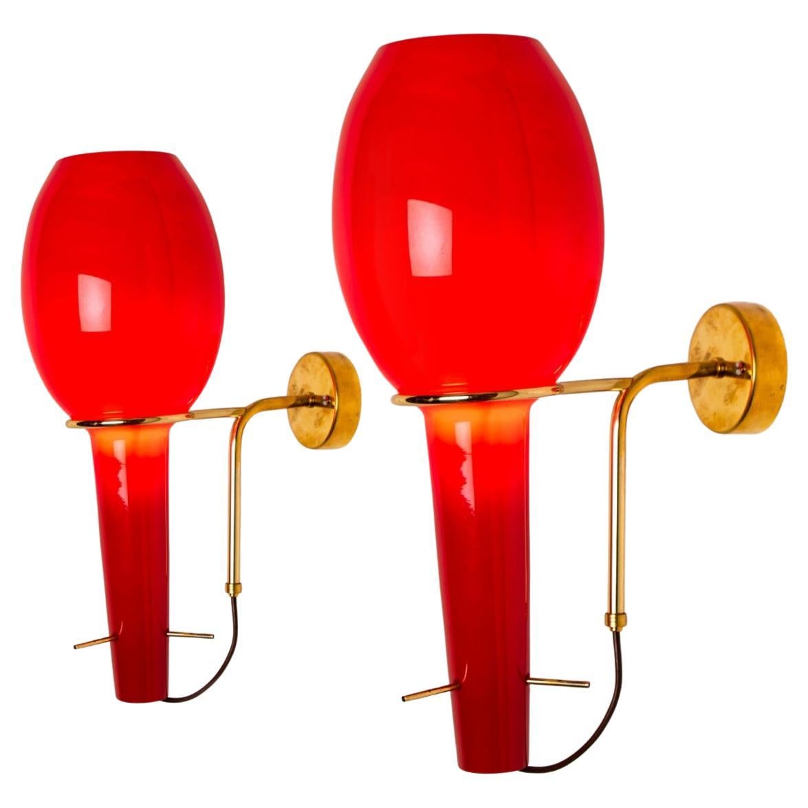 Stilnovo Wall Light Brass and Red Glass, Italy, 1960s