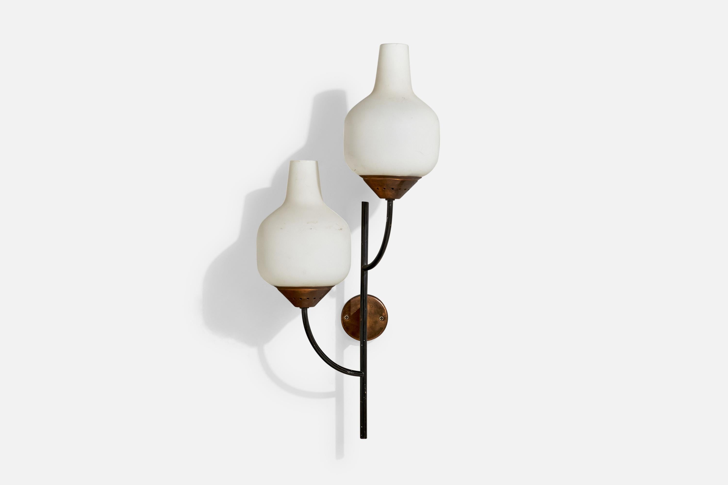 A brass, black-lacquered metal and white opaline glass wall light produced by Stilnovo, Italy, c. 1950s.

The glass shades present with moderate discoloration.

Overall Dimensions (Inches): 21.6” H x 9.875” W x 7.75“ D

Back Plate Dimensions