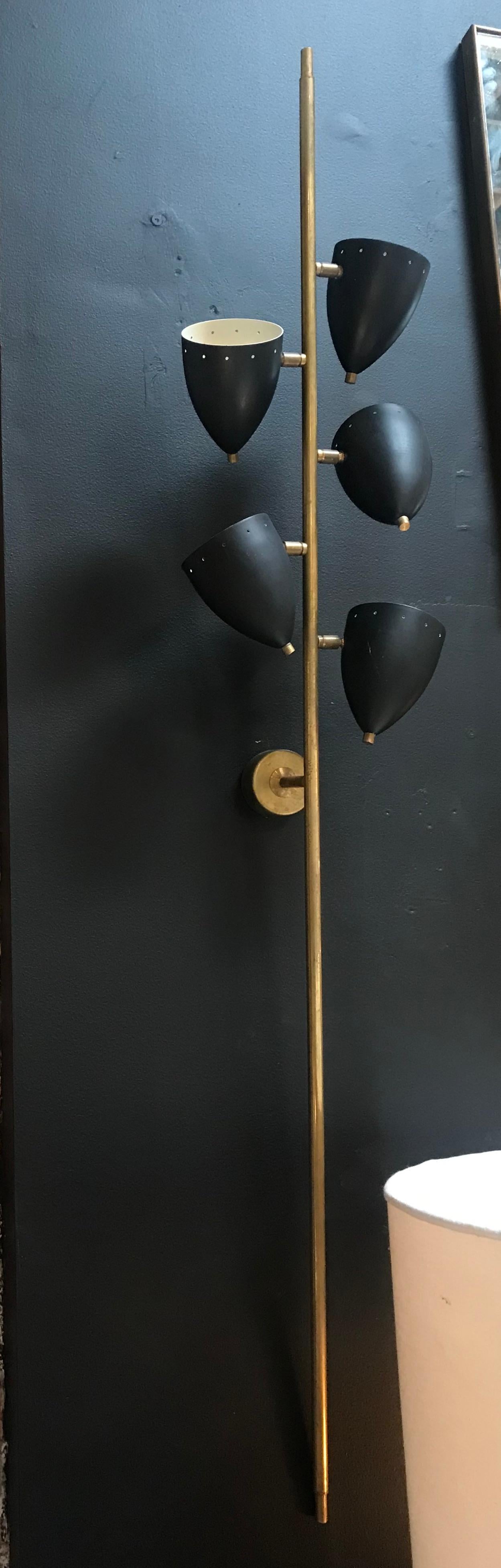Stilnovo Style wall light with 5 lights black metal brass, 1950s, Italy.