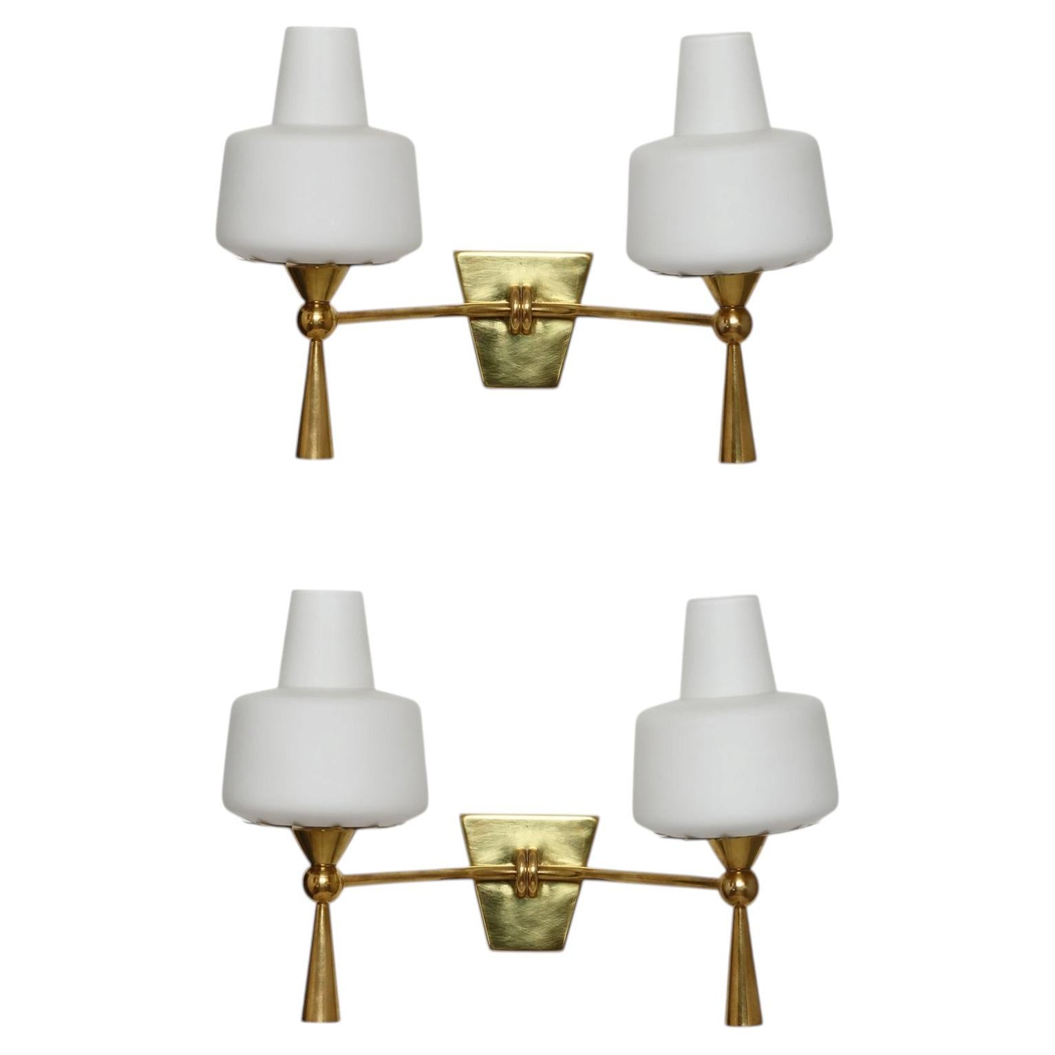 Stilnovo Wall Sconces, Brass & Opaline Glass, Italy, 1960s Pair For Sale