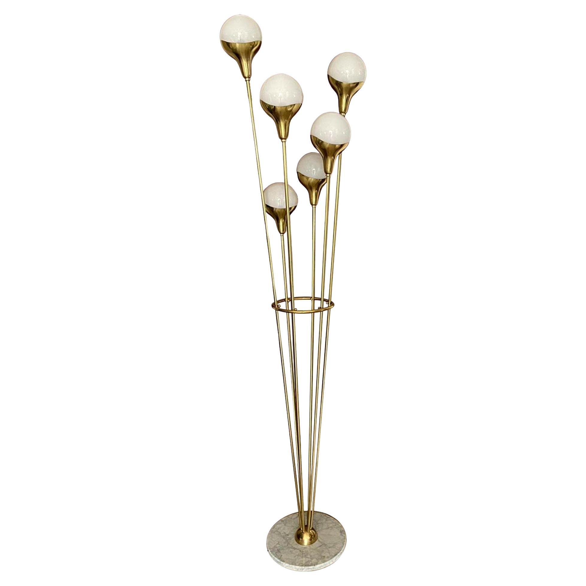 Stilnovo‑Style Floor Lamp with Six Opaline Shades, Brass Stems & Marble Base For Sale