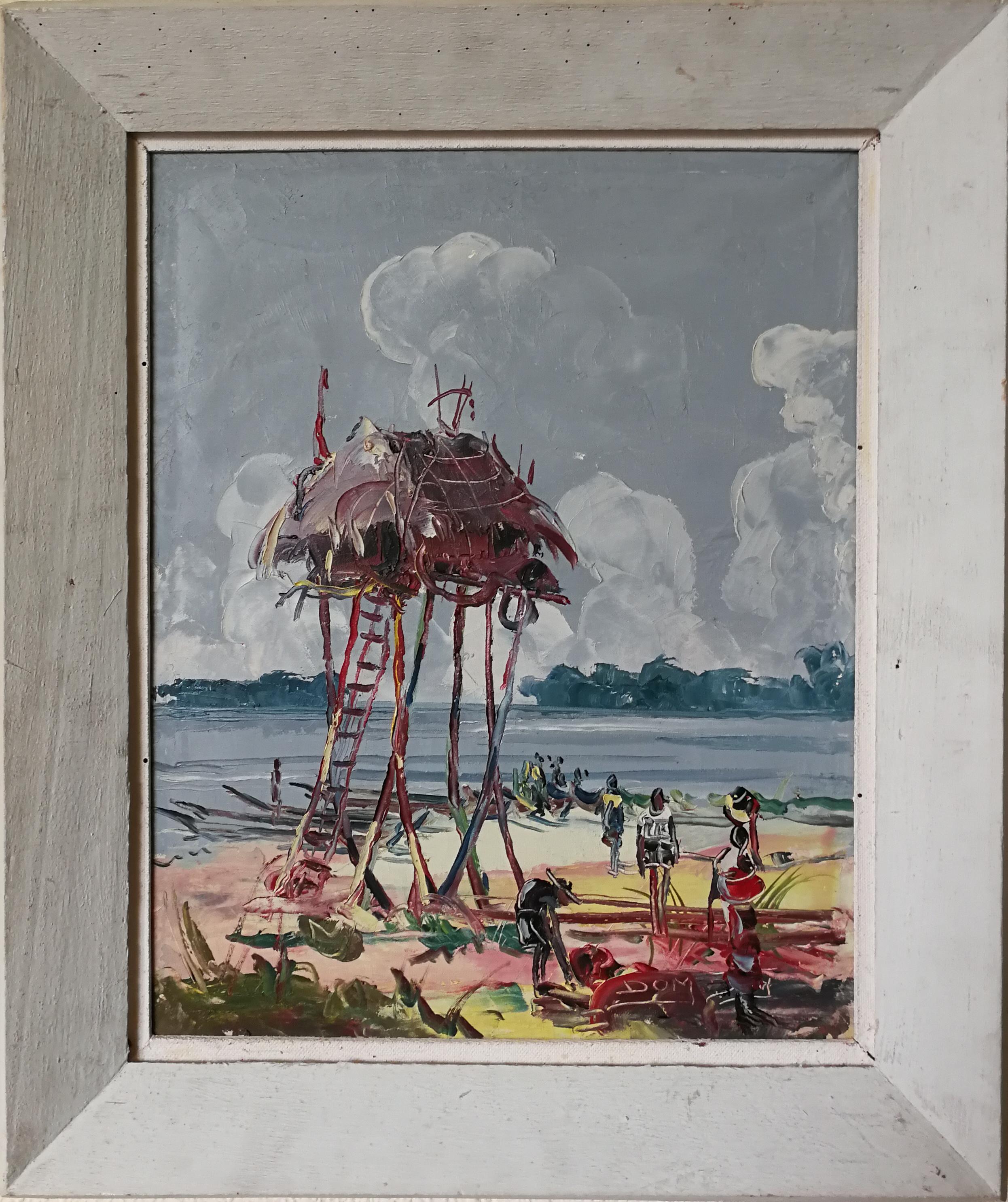 Stilt hut at the Tanganyika lakeshore. African painting from Belgium Congo, signed by DOM around 1950. Knife Painting. Oil on canvas. Original frame. 
 DOM is a prolific painter with a passion for painting with knives. He depicts traditional