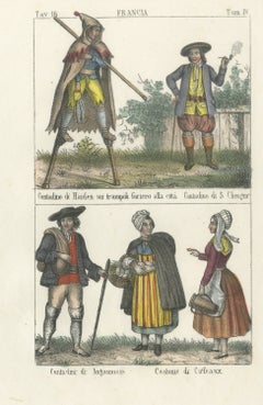 Stilt Walker of Haiden and French Peasants, Hand Colored Lithograph, 1842