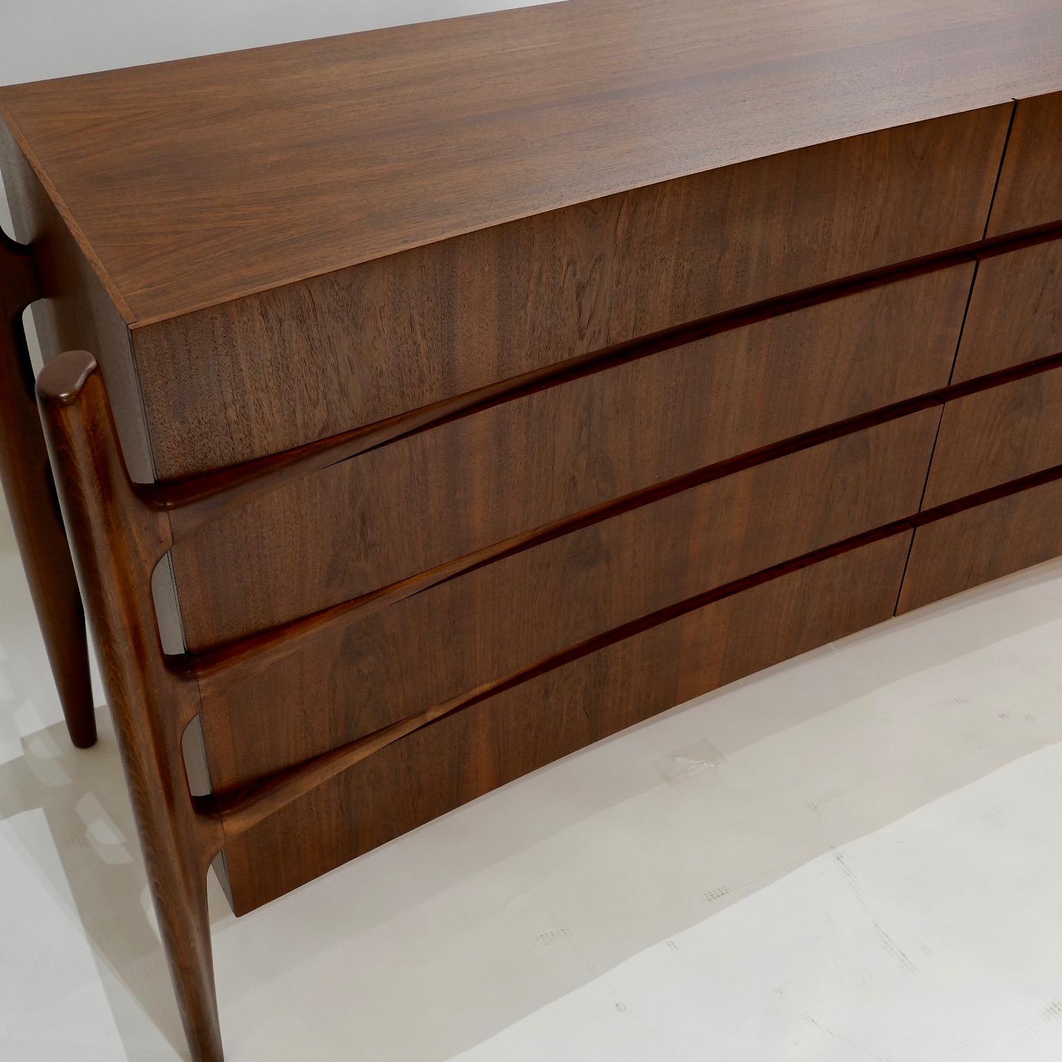 Walnut Stilted Curved Scandinavian Mid-Century Modern William Hinn Chest or Dresser