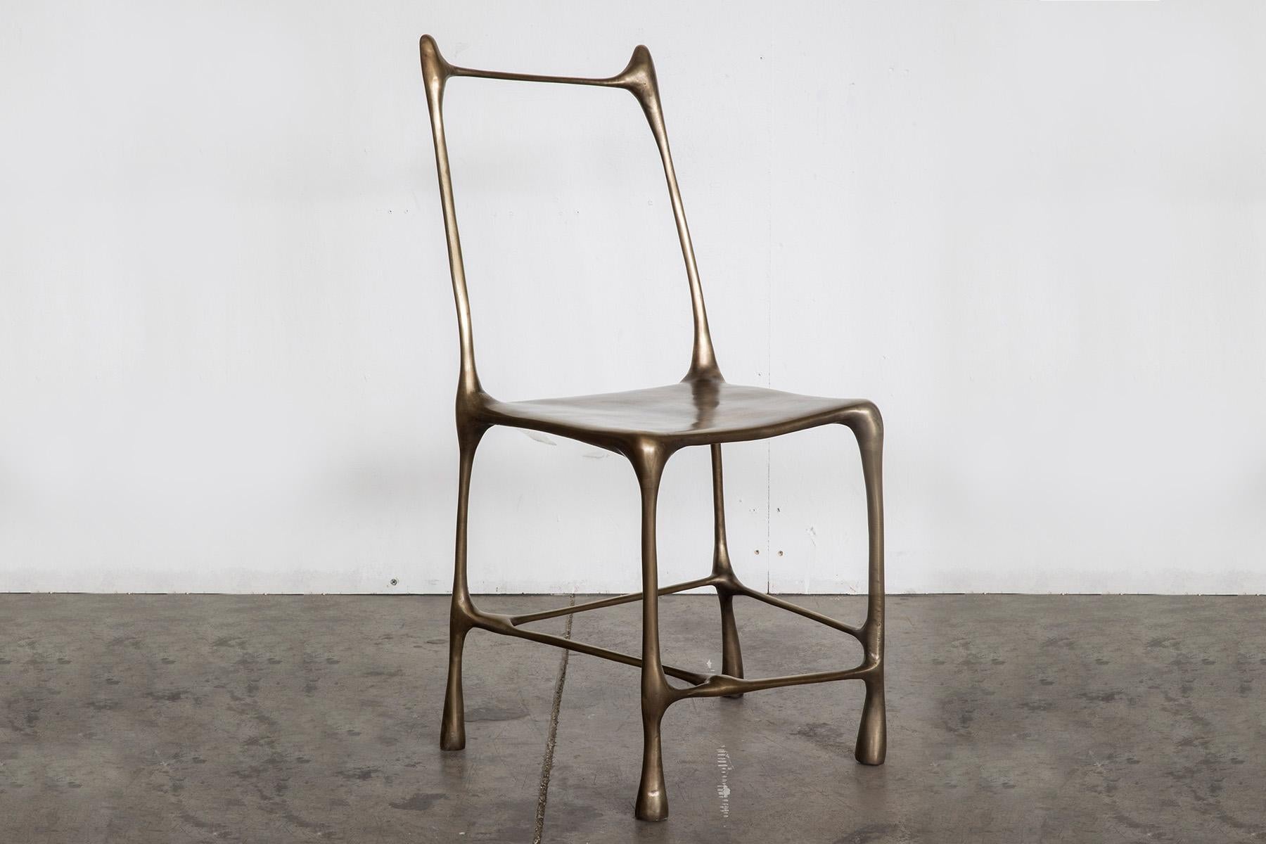 This artwork is for both internal and external environment. Shaped bronze chair streamlined and refined, inspired to natural elements. The dimensions are approx. The materials are worked by twisting the original shape of the object, converting in an