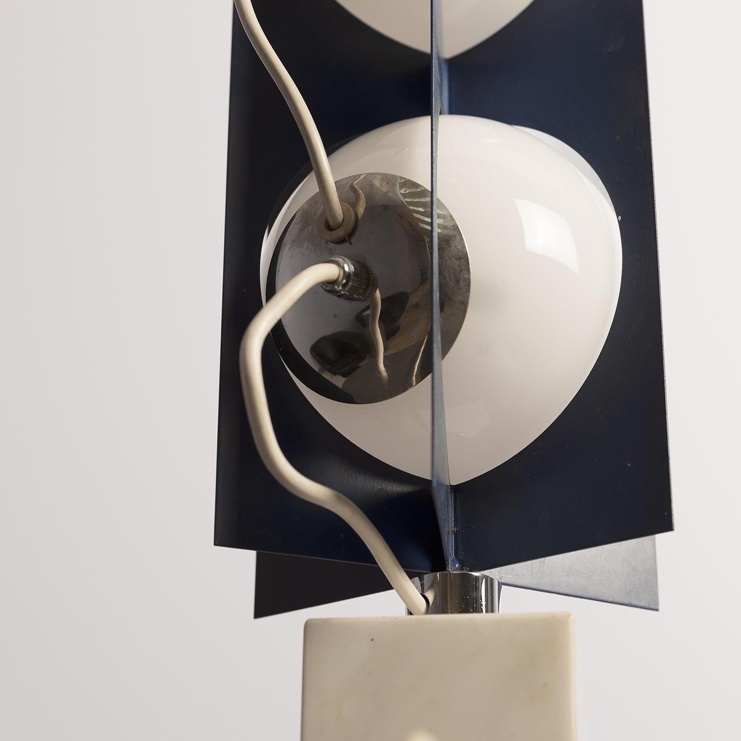 Aluminum Stilux 1970s Table Lamp Marble Base, Blue and White with 3 White Glass Diffusers