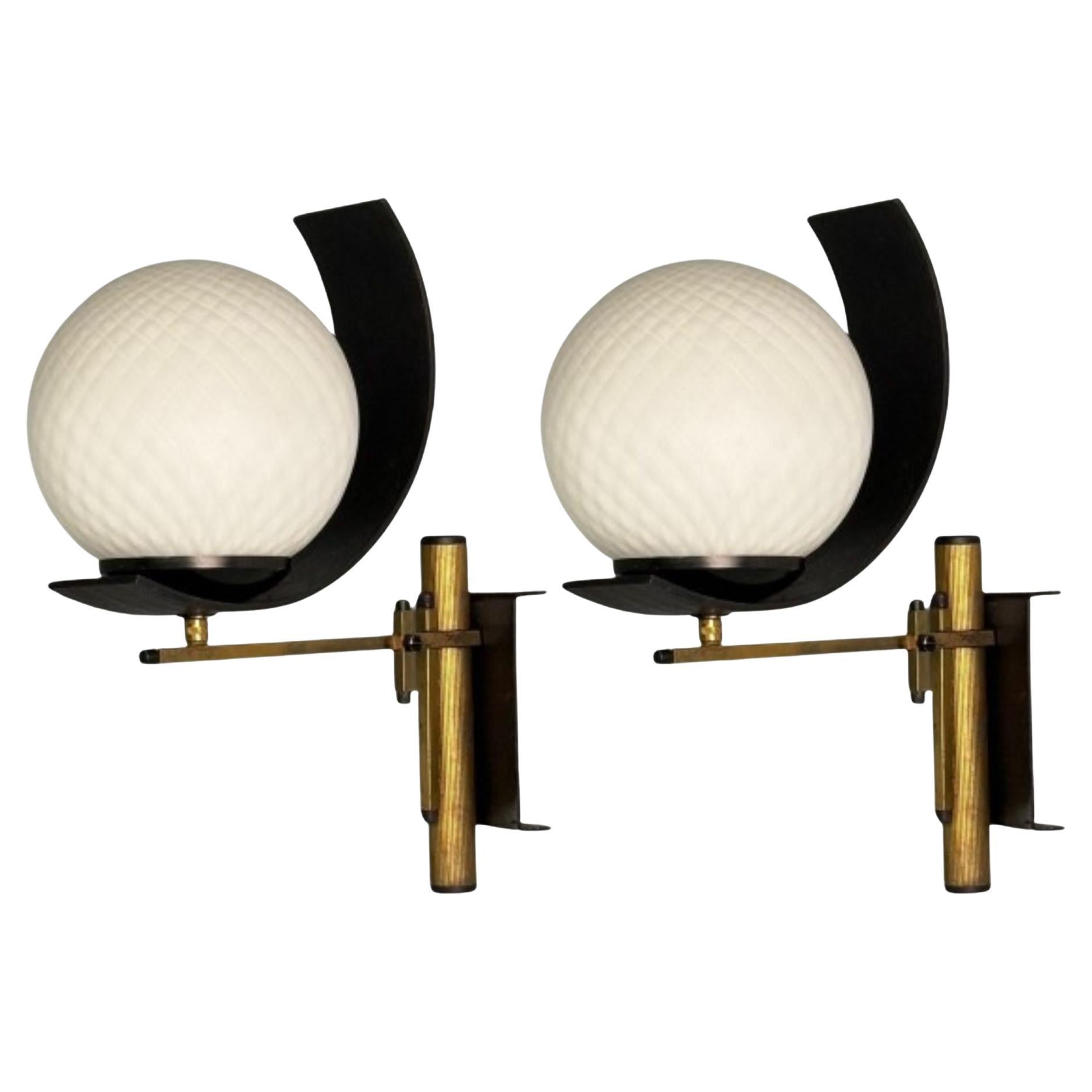 Stilux Attr., Italian Mid-Century Modern, Dome Wall Sconces, Brass, Iron, Glass