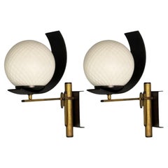 Stilux Attr., Italian Mid-Century Modern, Dome Wall Sconces, Brass, Iron, Glass