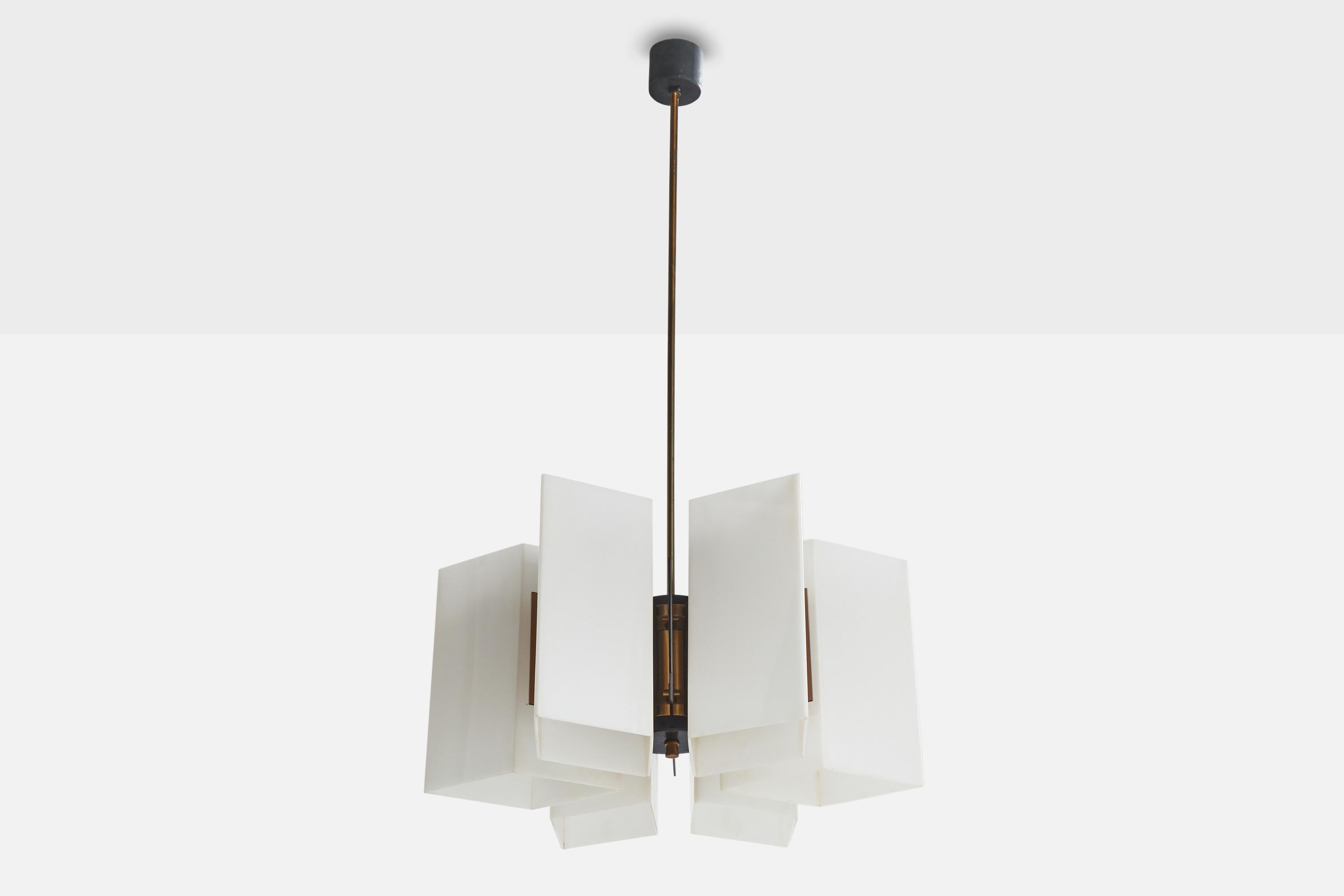 A brass, black-lacquered metal and white plexiglass chandelier designed and produced in Italy, c. 1950s.

Overall Dimensions (inches): 36.5 ” H x  20”Diameter

Dimensions of Canopy:  2.125” H x 2.75” diameter 

Stem length: 25.5 ” H

Bulb