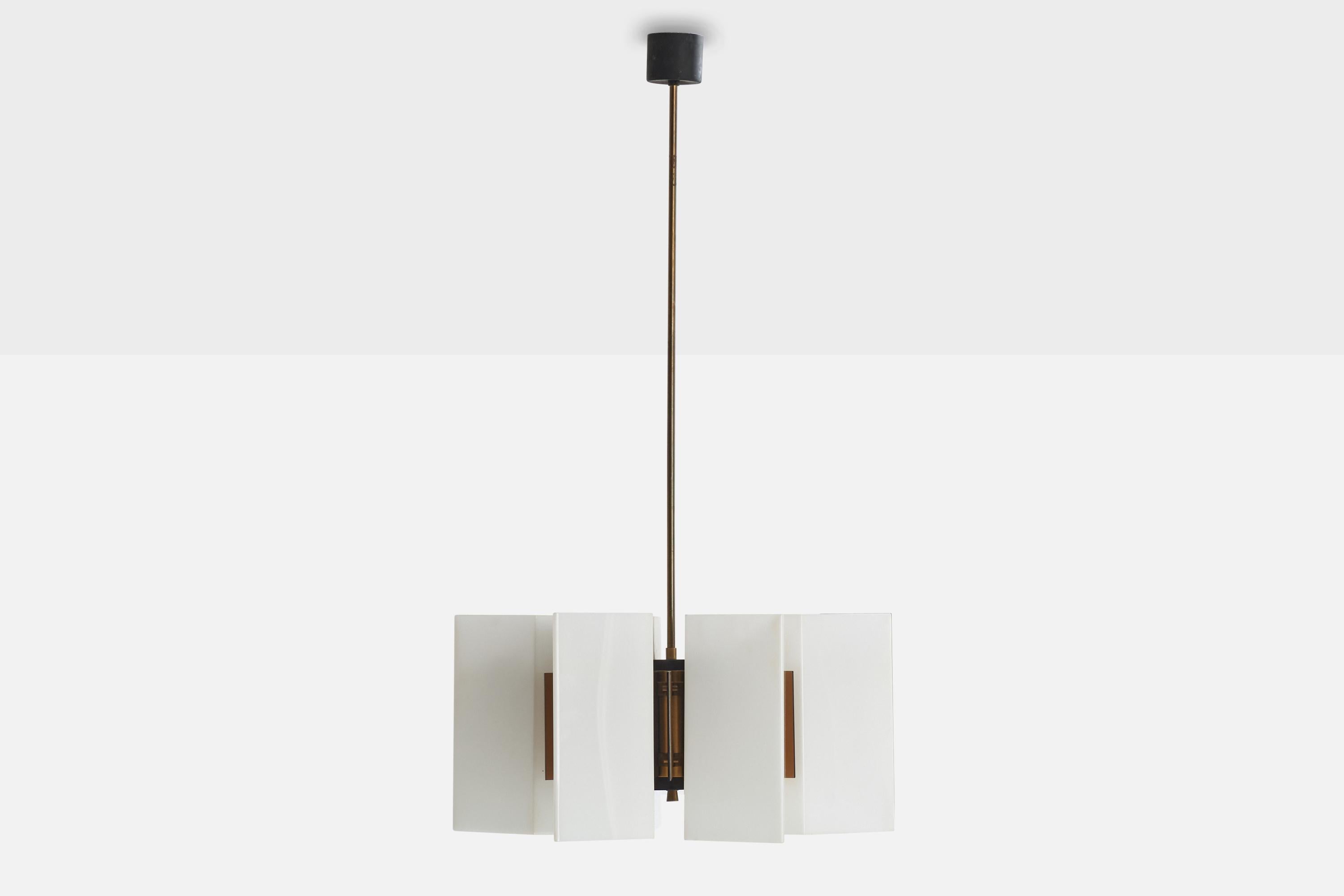 Mid-Century Modern Stilux, Chandelier, Brass, Metal, Plexiglass, Italy, 1950s For Sale