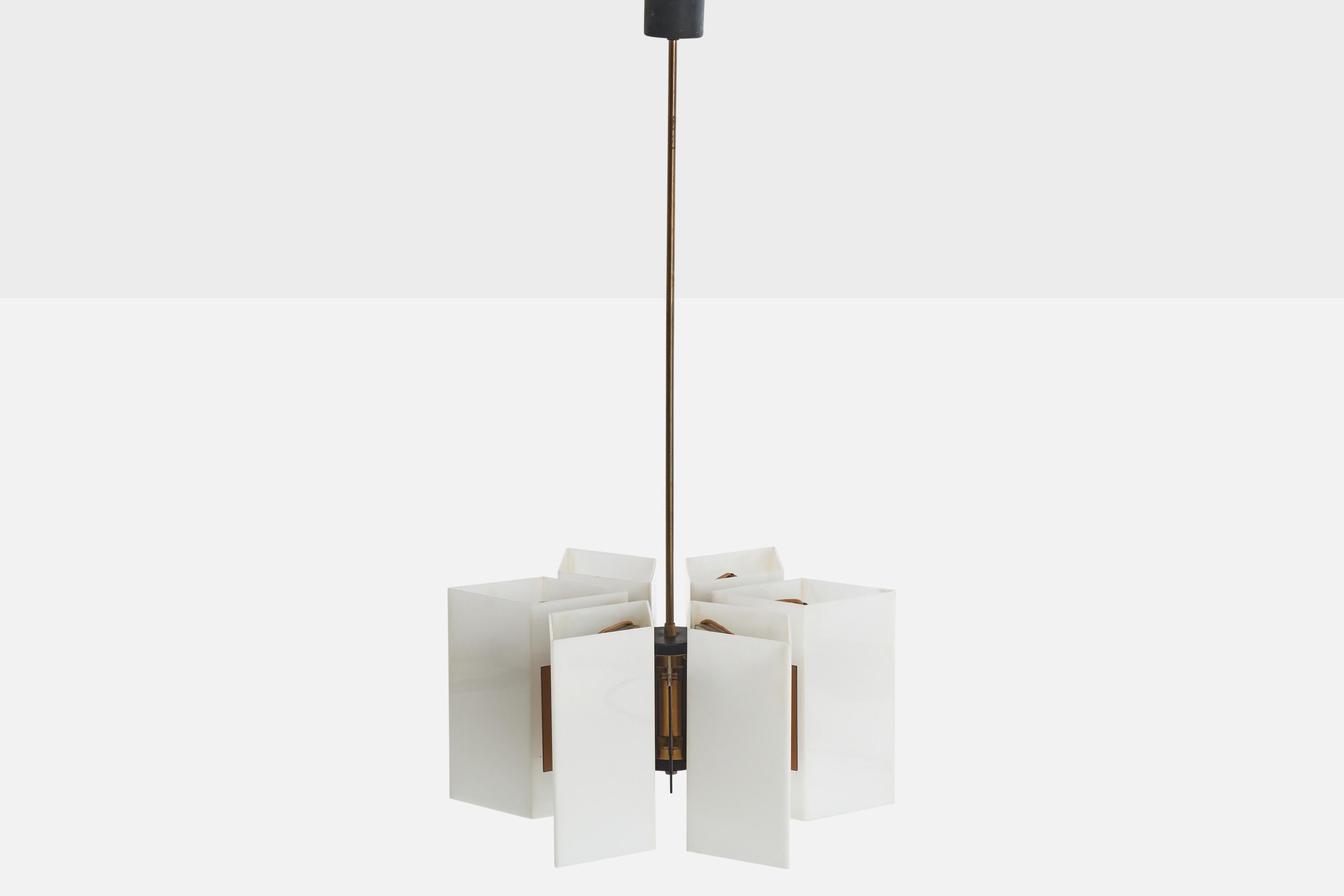 Italian Stilux, Chandelier, Brass, Metal, Plexiglass, Italy, 1950s For Sale