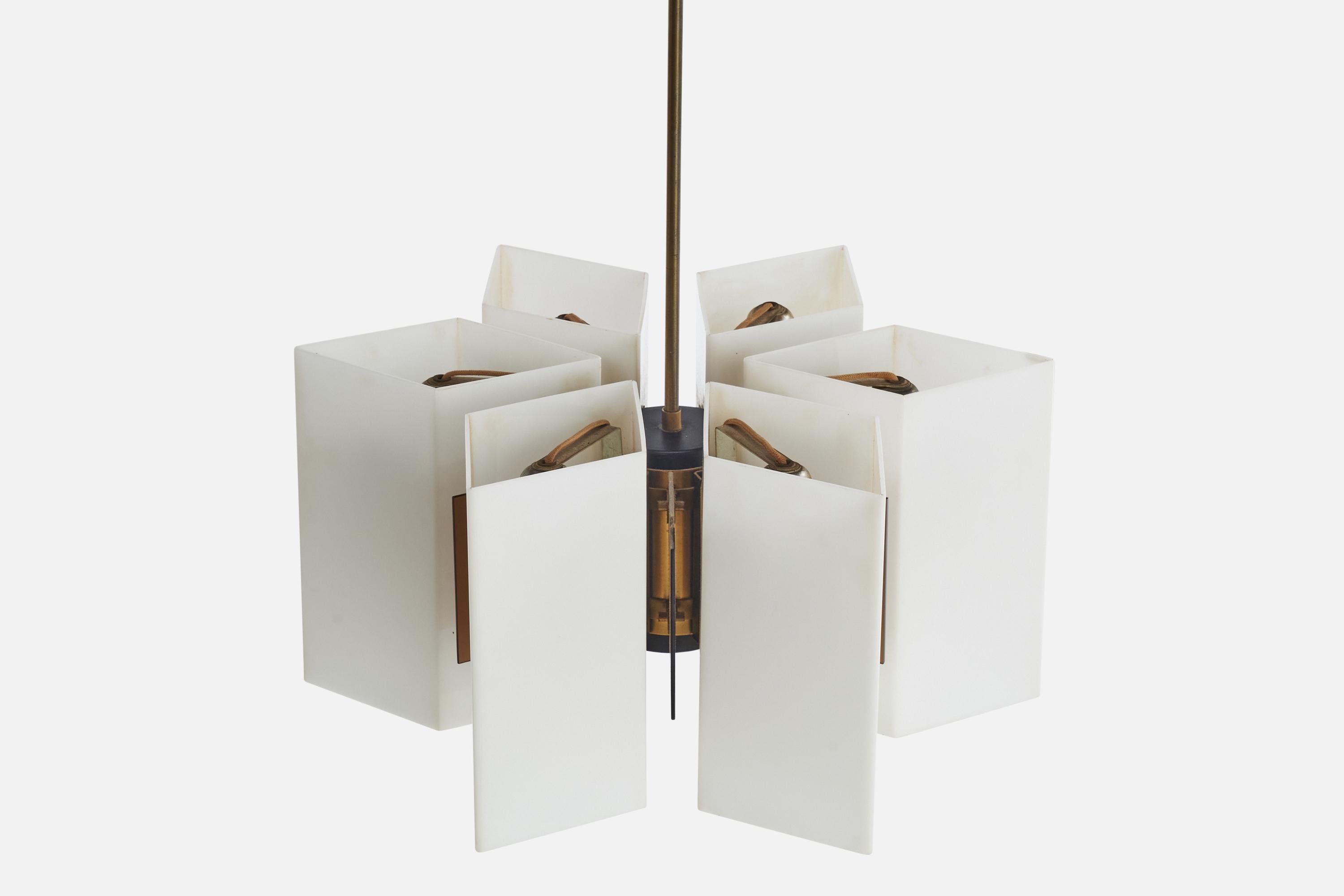 Stilux, Chandelier, Brass, Metal, Plexiglass, Italy, 1950s In Good Condition For Sale In High Point, NC