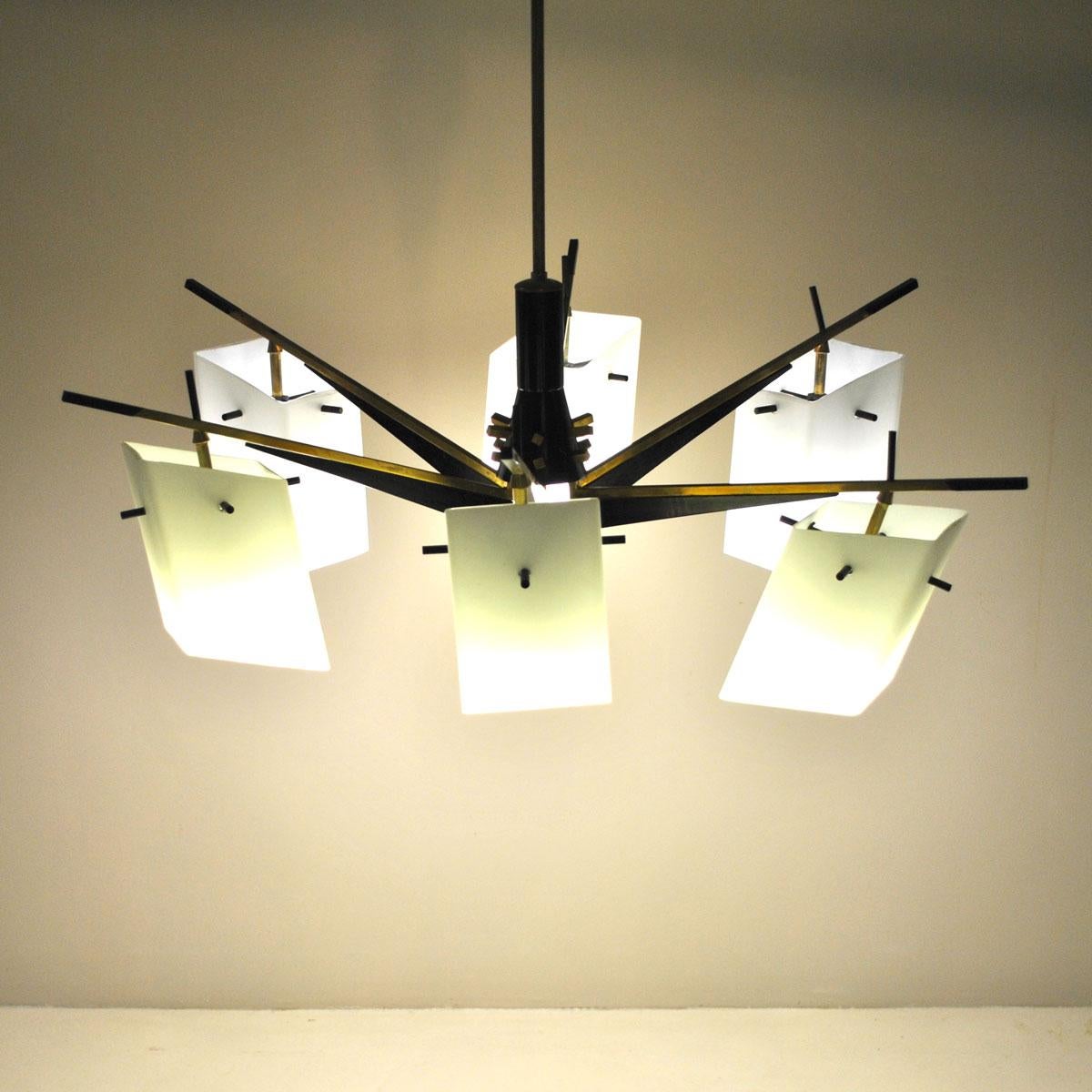 A suspension chandelier by Stilux with six opaline boxes lighting.
