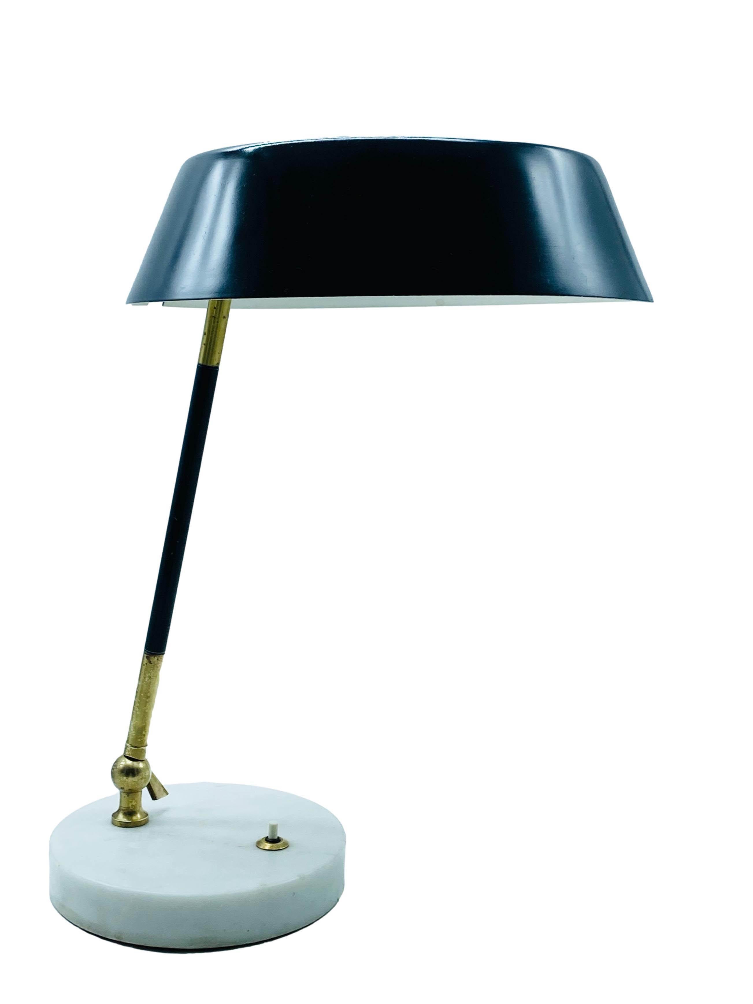 Adjustable table lamp in lacquered metal and brass, marble base, opal white perspex reflector. Stilux Italia 1950 production.