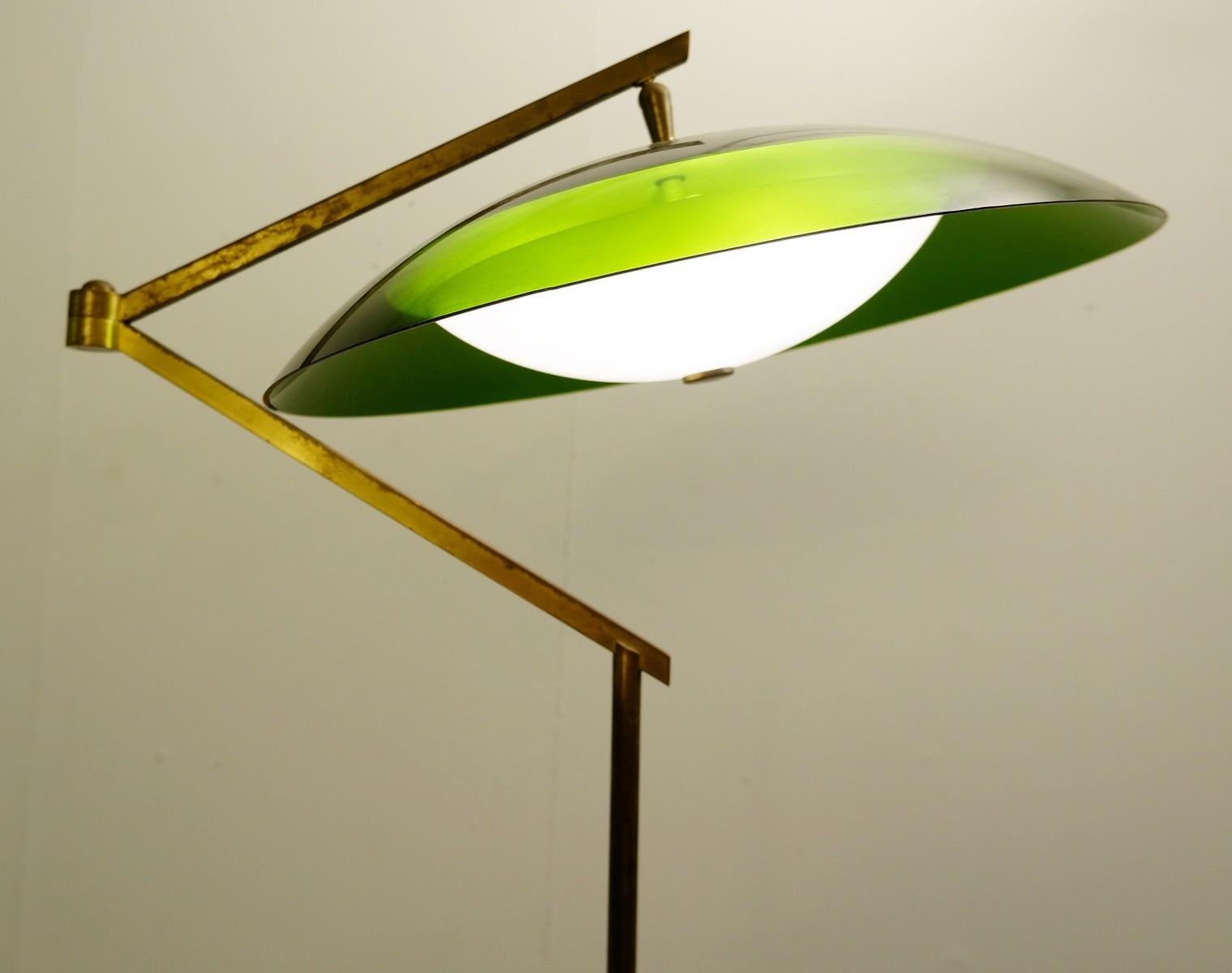 Brass Stilux Italian Articulating Floor Lamp with Green Plexi Shade, 1960s
