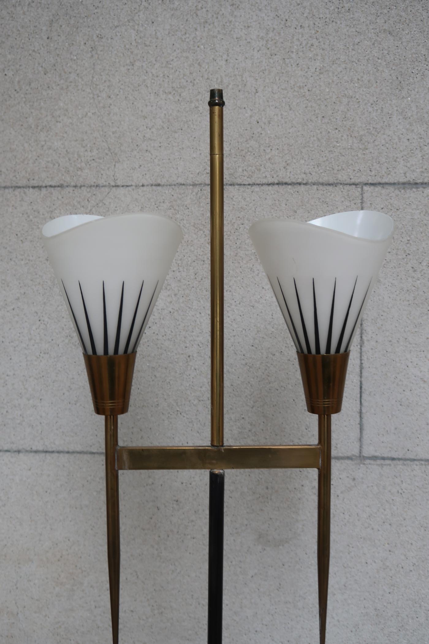 Italian Stilux, Metal, Brass & Decorated Opaline Glass Midcentury Floor Lamp, Italy, 1960 For Sale