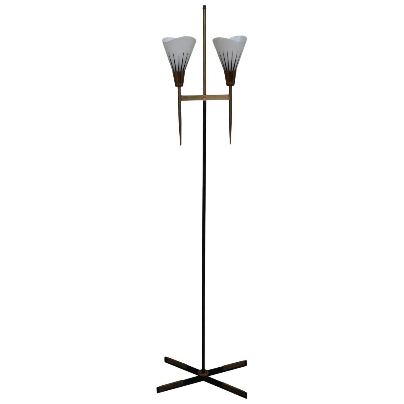 Stilux, Metal, Brass & Decorated Opaline Glass Midcentury Floor Lamp, Italy, 1960 For Sale