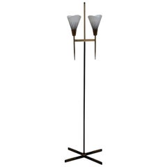 Stilux, Metal, Brass & Decorated Opaline Glass Midcentury Floor Lamp, Italy, 1960