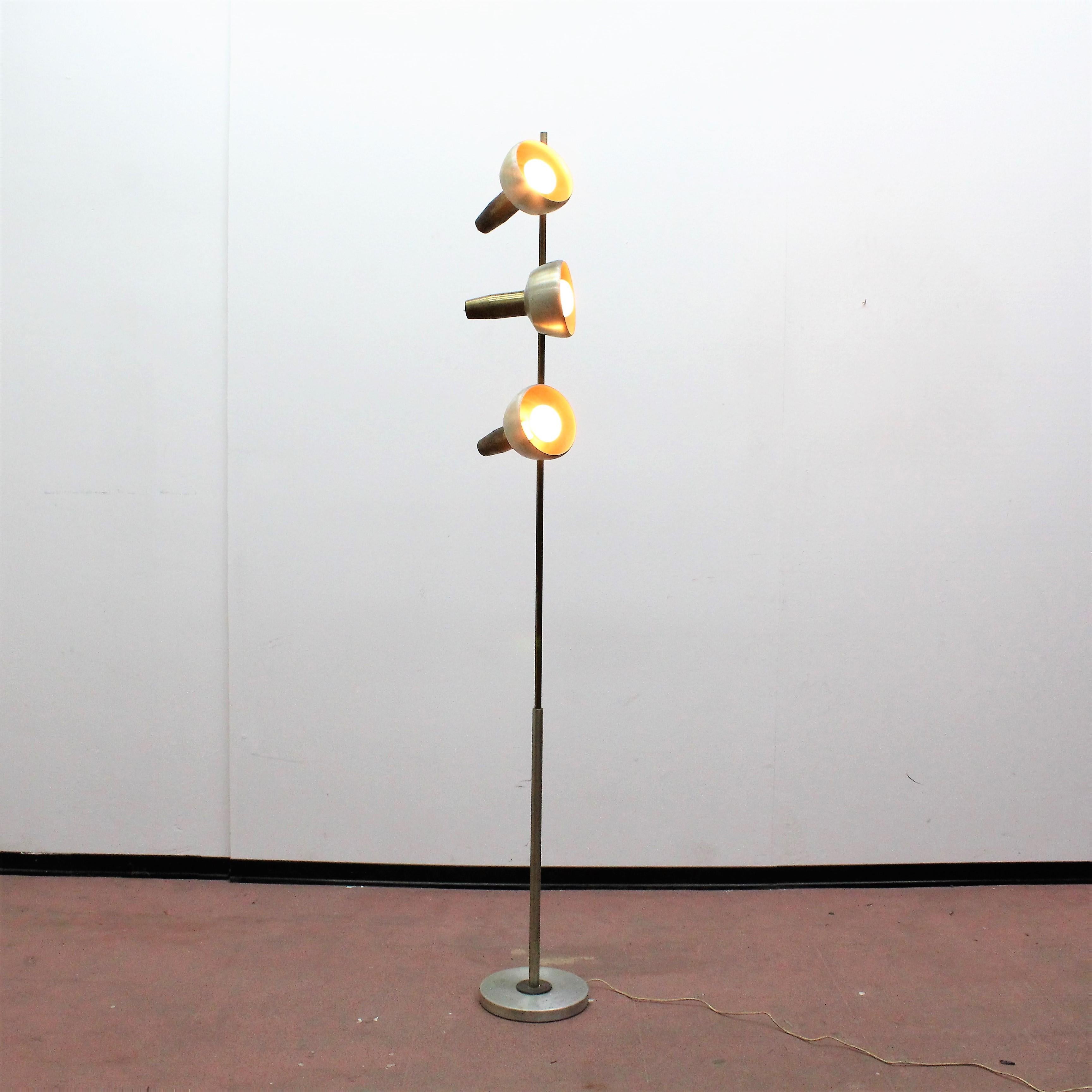 Stilux Midcentury Satin Metal Floor Lamp Three Adjustable Spots, Italy, 1960s 11
