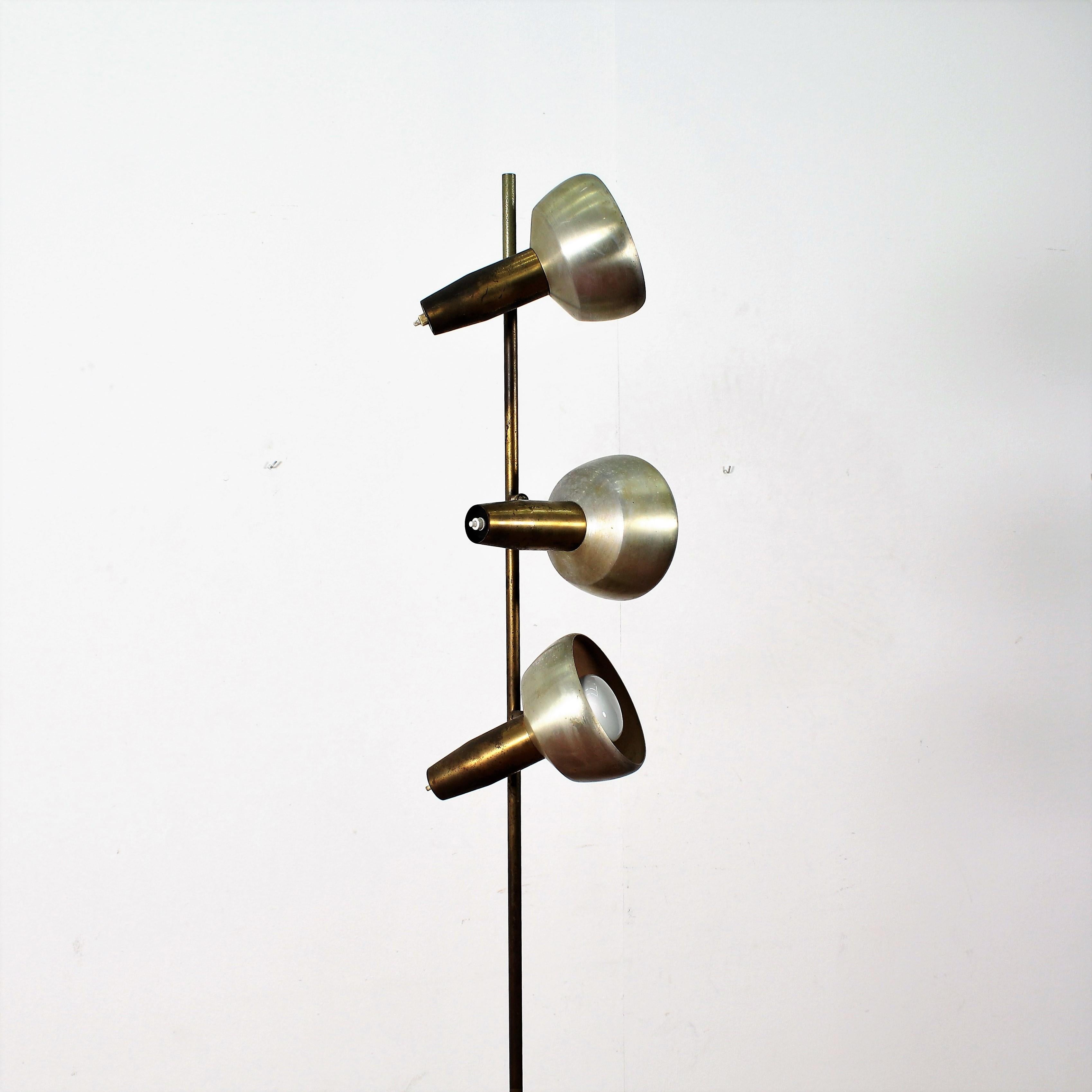 Mid-Century Modern Stilux Midcentury Satin Metal Floor Lamp Three Adjustable Spots, Italy, 1960s