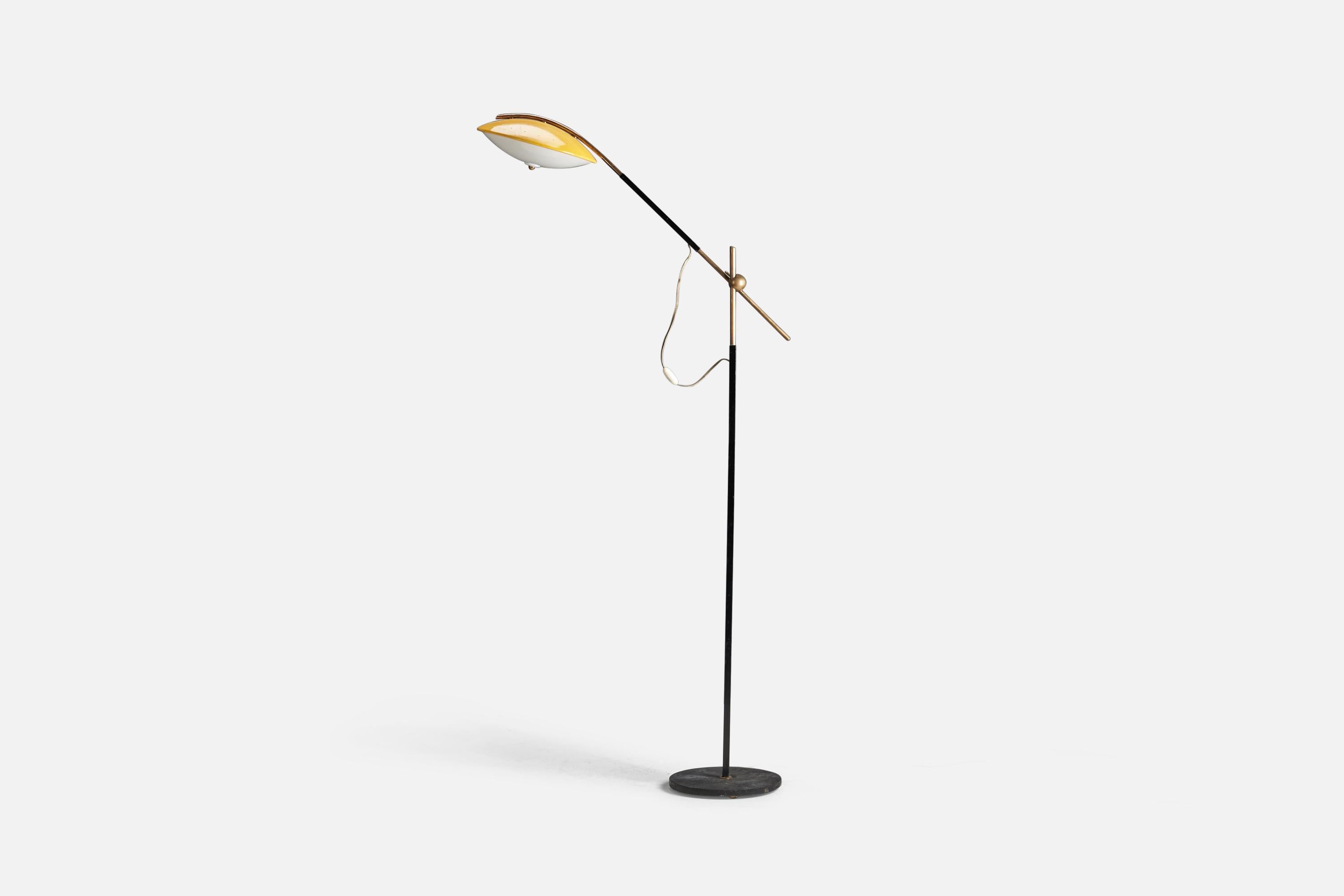 A brass, yellow and black-lacquered metal and acrylic floor lamp designed and produced by Stilux Milano, Italy, 1960s.

Dimensions variable, measured as illustrated in first image.

Socket takes E-14 bulb.

There is no maximum wattage stated