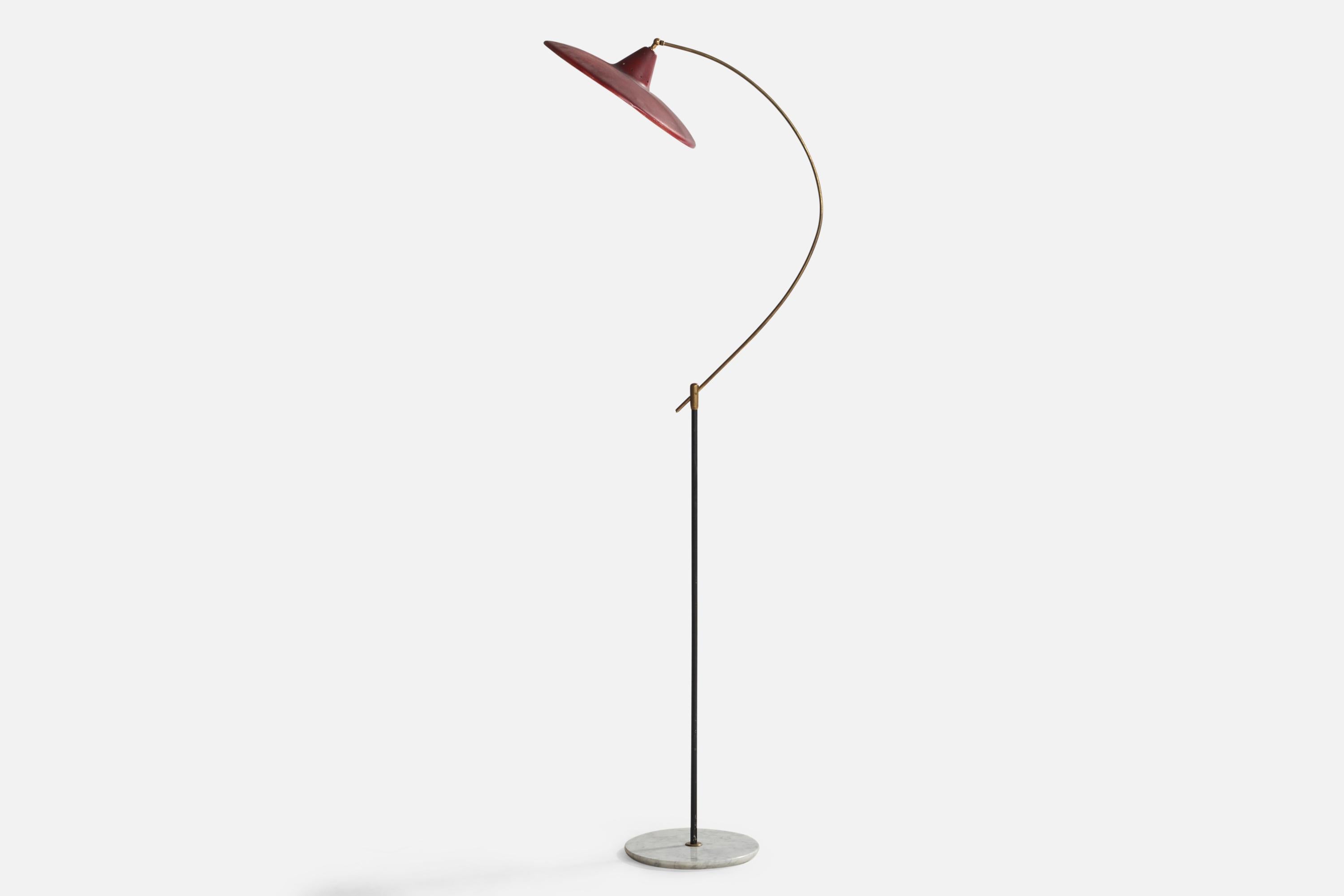 A tall adjustable brass, red and black-lacquered metal and Carrara marble floor lamp designed and produced by Stilux Milano, Italy, 1950s.

Overall Dimensions (inches): 77.75” H x 16.75” W x 25” D

Bulb Specifications: E-26 Bulb

Number of Sockets: