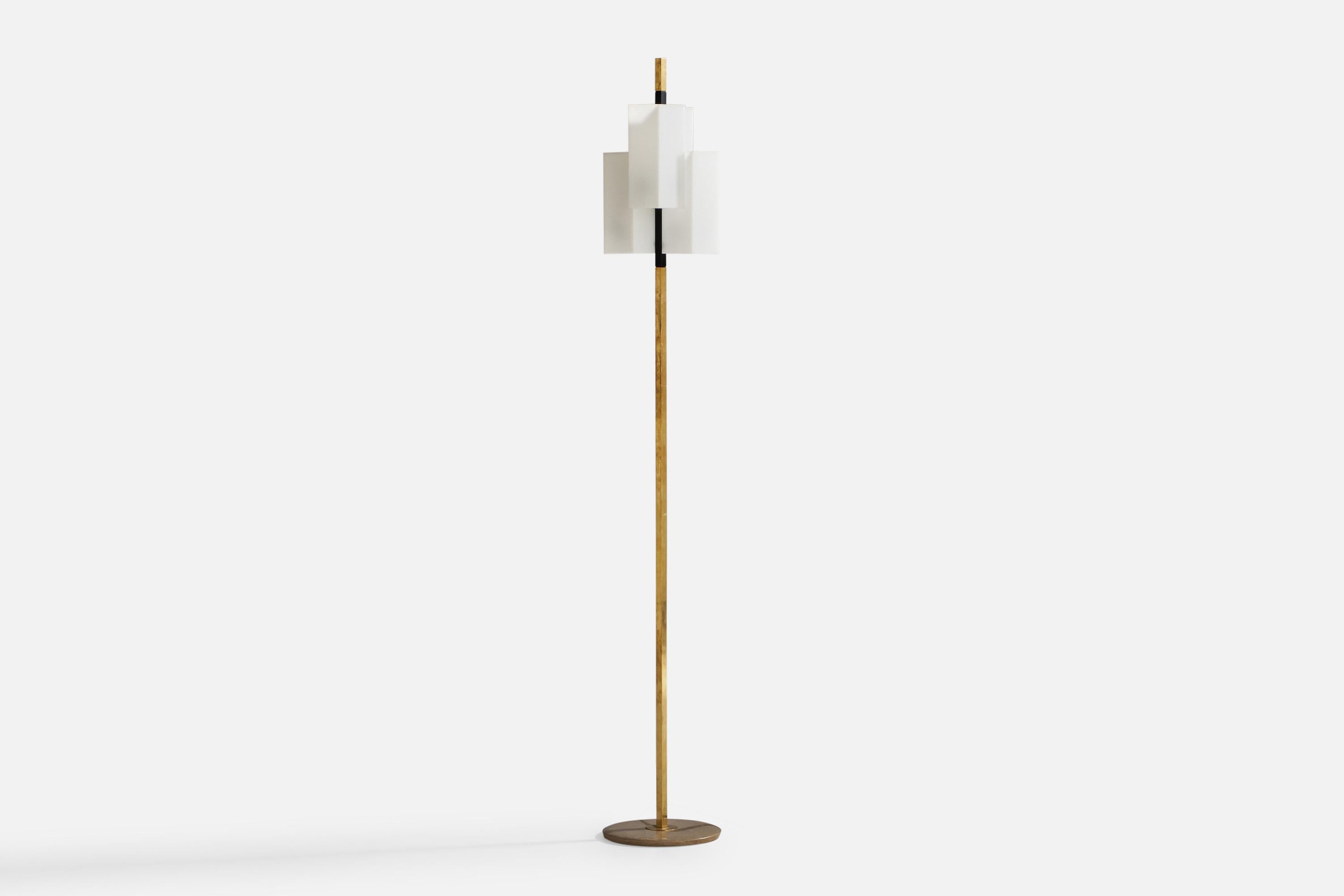 A brass, black-lacquered metal, marble and acrylic floor lamp designed and produced by Stilux Milano, Italy, 1960s.

Overall Dimensions (inches): 12” H x 7.5” W x 17.75” D
Bulb Specifications: E-26 Bulb
Number of Sockets: 4
 
All lighting will be
