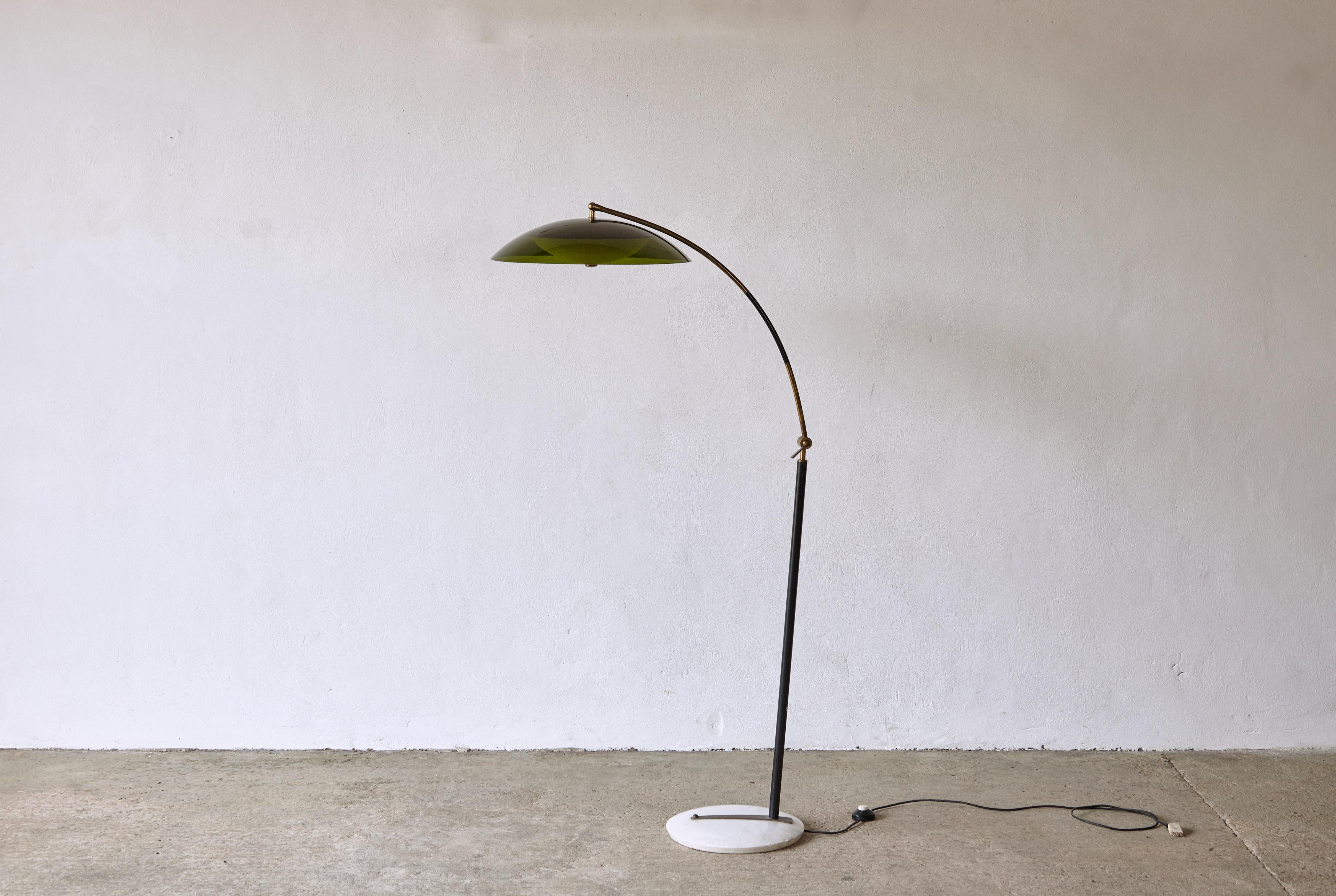 An elegant adjustable floor lamp, made by Stilux Milano, Italy in the 1960s. With a marble and brass base, brass frame and perspex green shade. In good original vintage condition with signs of age. Requires local rewiring prior to use. Fast shipping