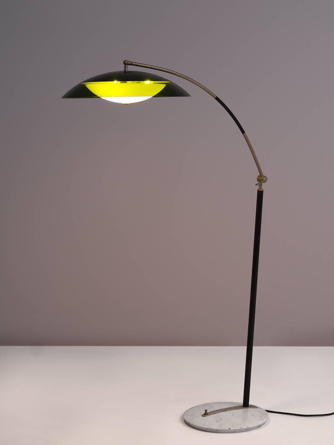 Stilux Milano, floor lamp, green acrylic shade, metal stem, brass foot, Italy, circa 1970

This Italian floor lamp features a round marble base and has a long metal stem that can be adjusted according to the user's wishes. The shade of the lamp is