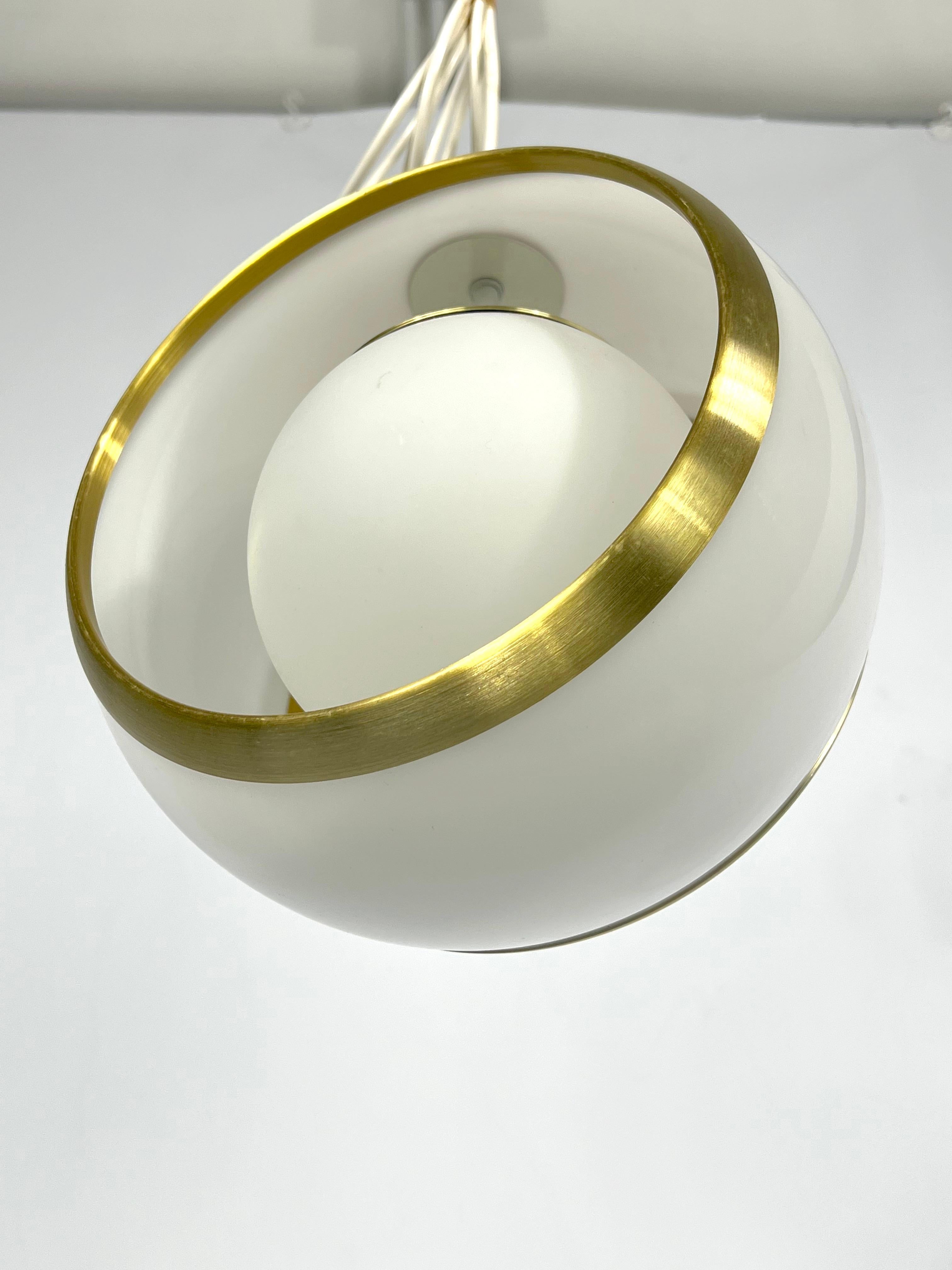Stilux Milano, Gilded Aluminum, Opaline and Perspex Pendant, Italy, 1960s For Sale 4